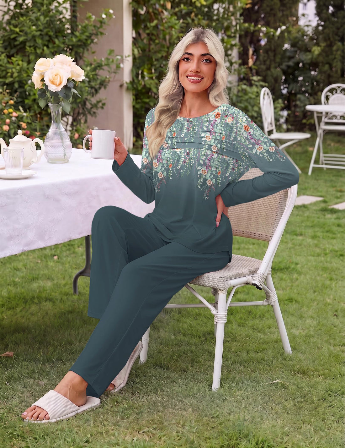 Ekouaer Womens Pajama Sets Pleated Tops with Long Sleeve Fall Lounge Set