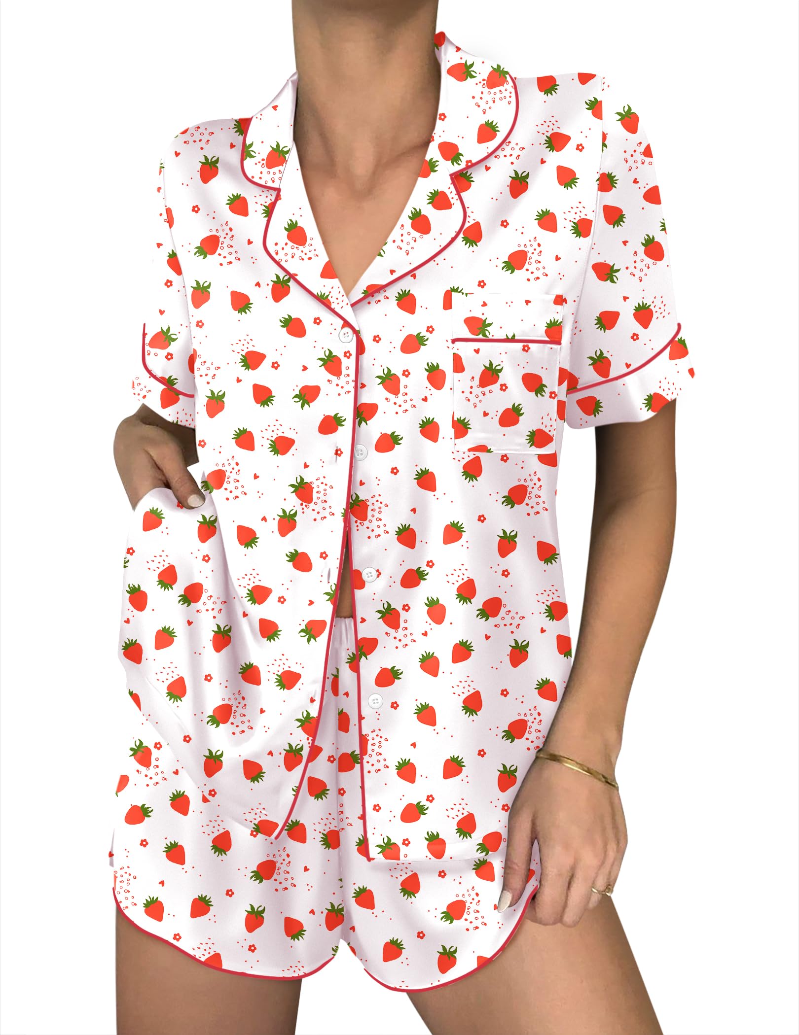 Ekouaer Women Satin Pajama Sets Cute Print Silk Pjs Shorts Sets S-4XL