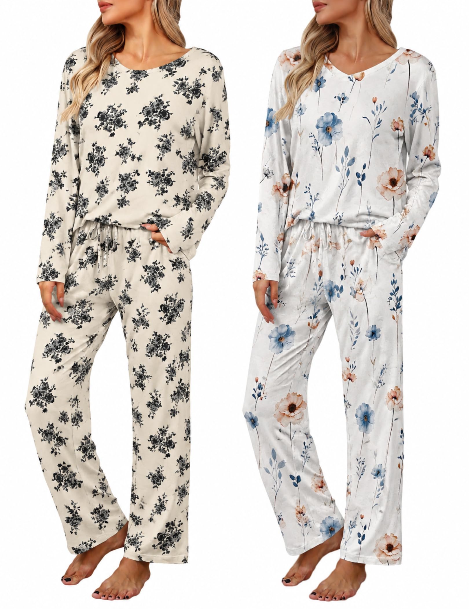 2 Pack: Women's Long Sleeve Pajama Sets - V Neck Top and Pants Lounge sets