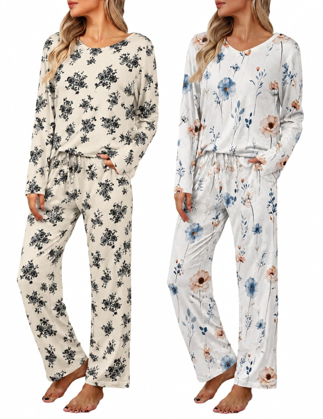 2 Pack: Women's Long Sleeve Pajama Sets - V Neck Top and Pants Lounge sets