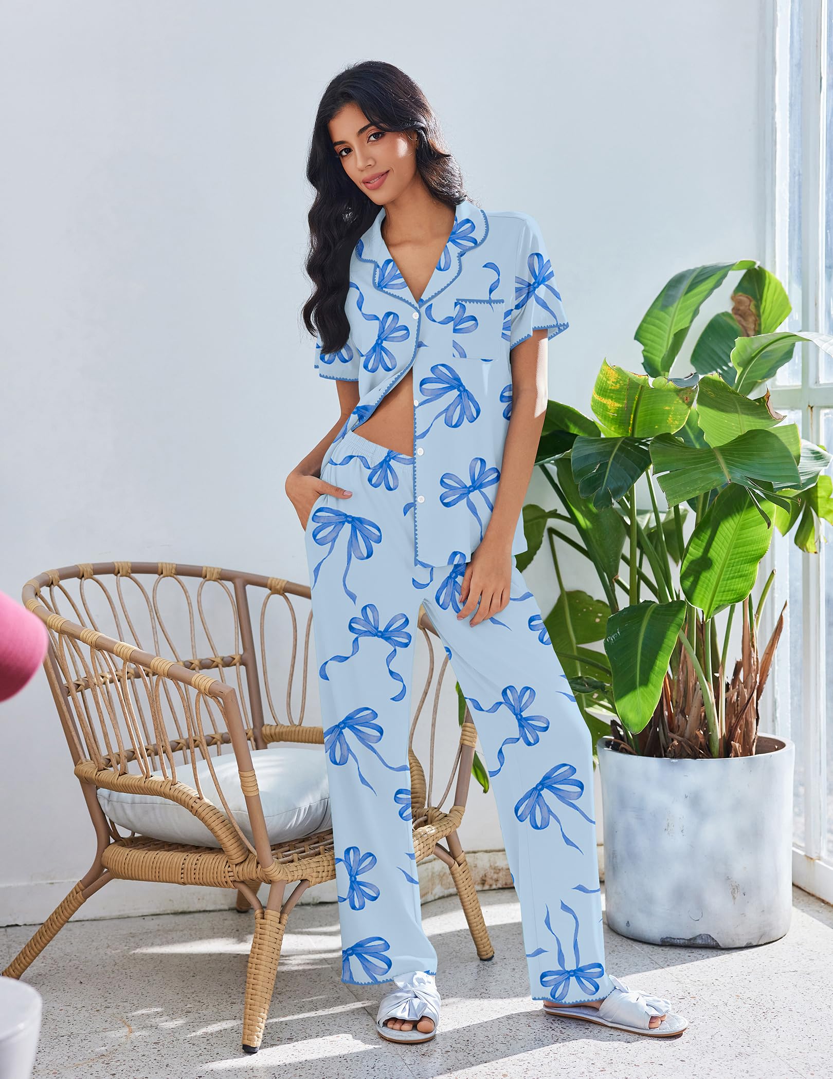Ekouaer Pajamas for Women Set Button Up Soft Pjs Short Sleeve Lounge Sets