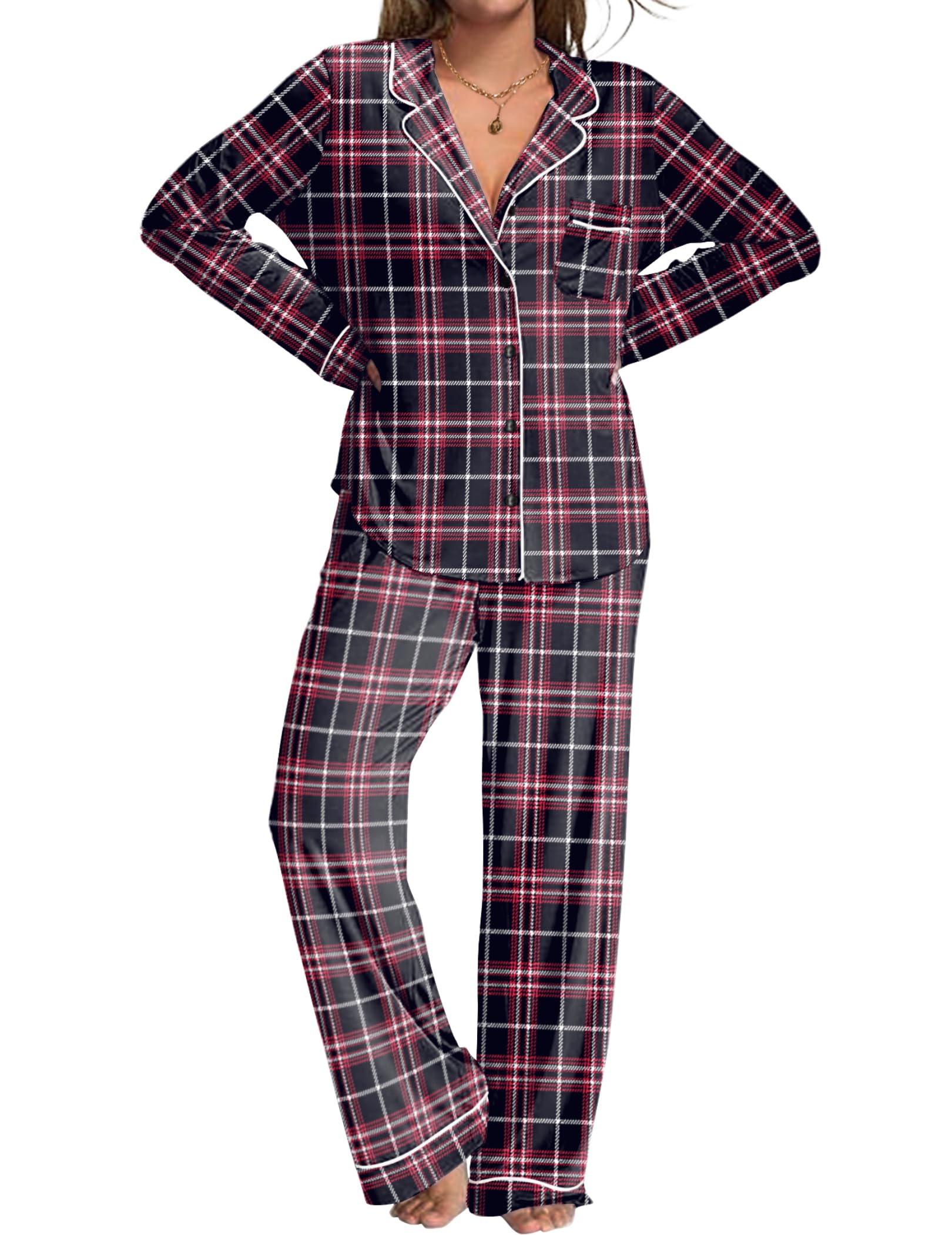 Ekouaer Womens Pajamas Set Button Down Long Sleeve Top & Pants Lounge Sets