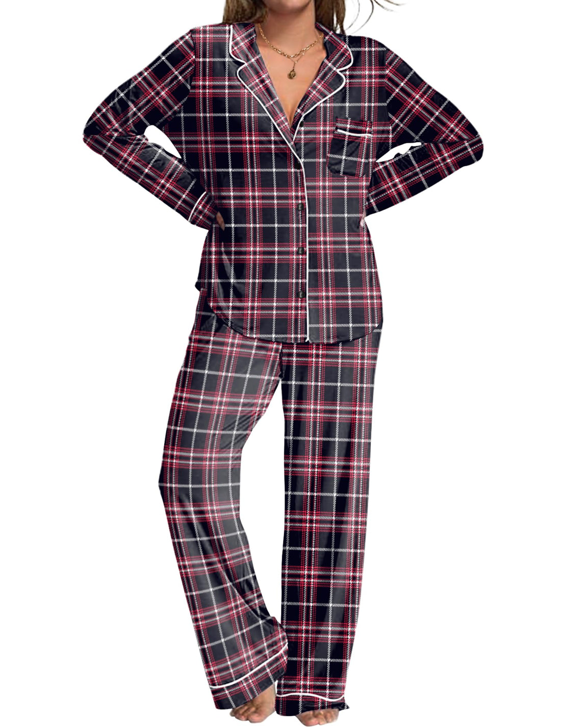 Ekouaer Womens Pajamas Set Button Down Long Sleeve Top & Pants Lounge Sets