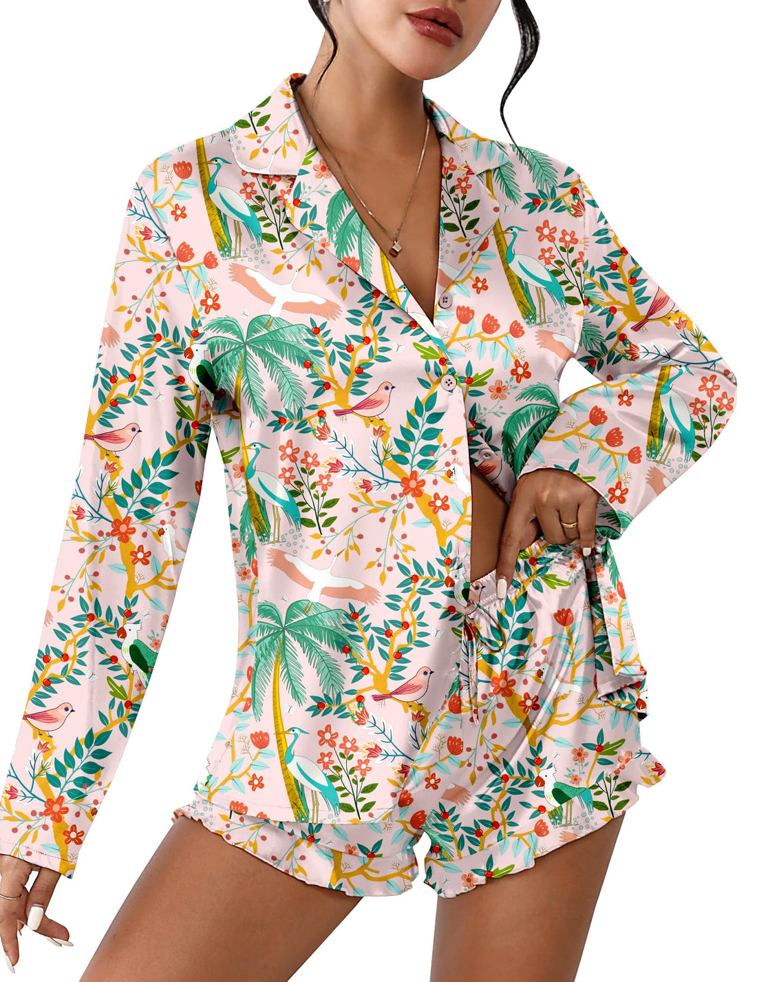 Ekouaer Womens Satin Pajama Sets Cute Button Down Silk Pjs with Ruffle