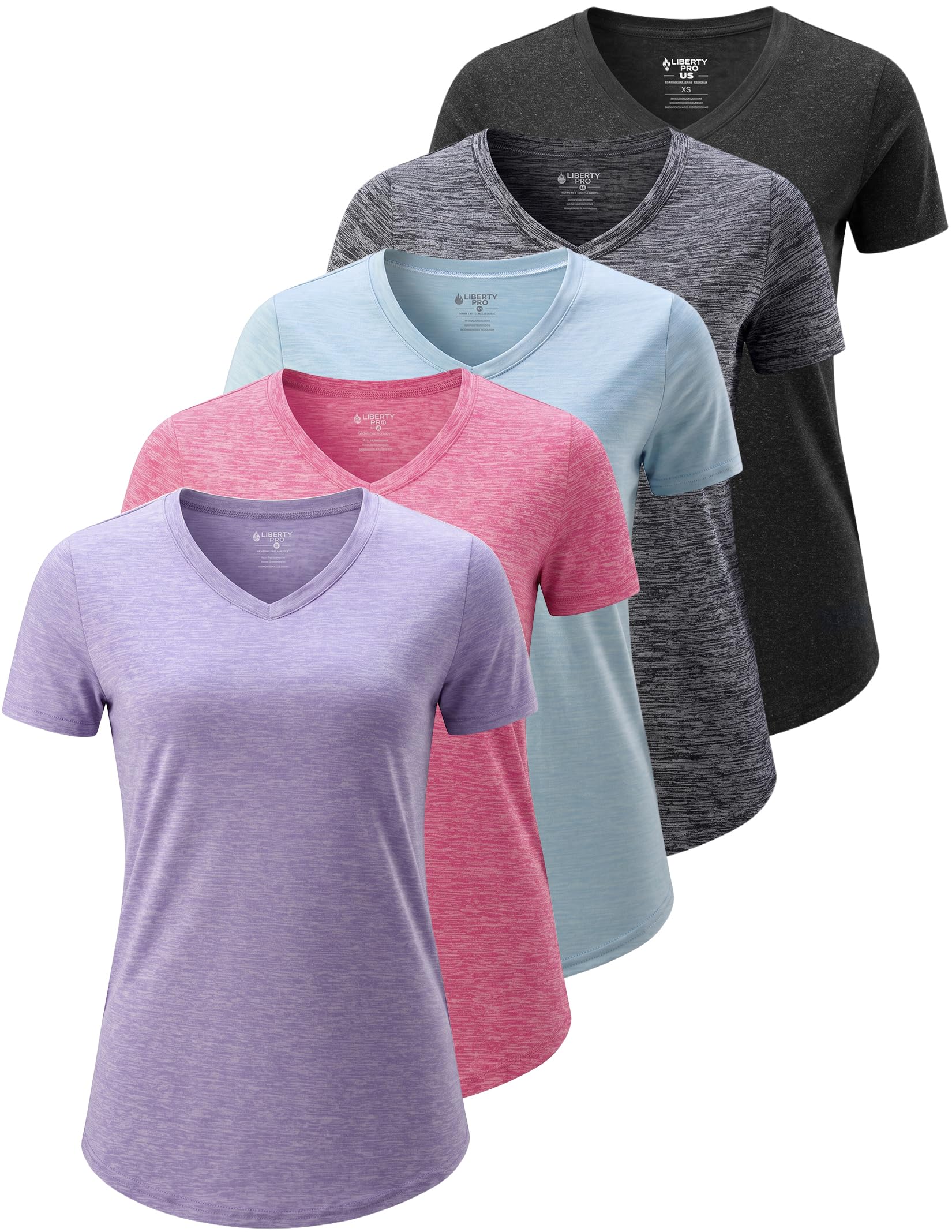 Liberty Imports 5 Pack Women's Dry Fit Workout Tops, Athletic Short Sleeve T Shirts for Yoga Gym (Available in Plus Sizes)