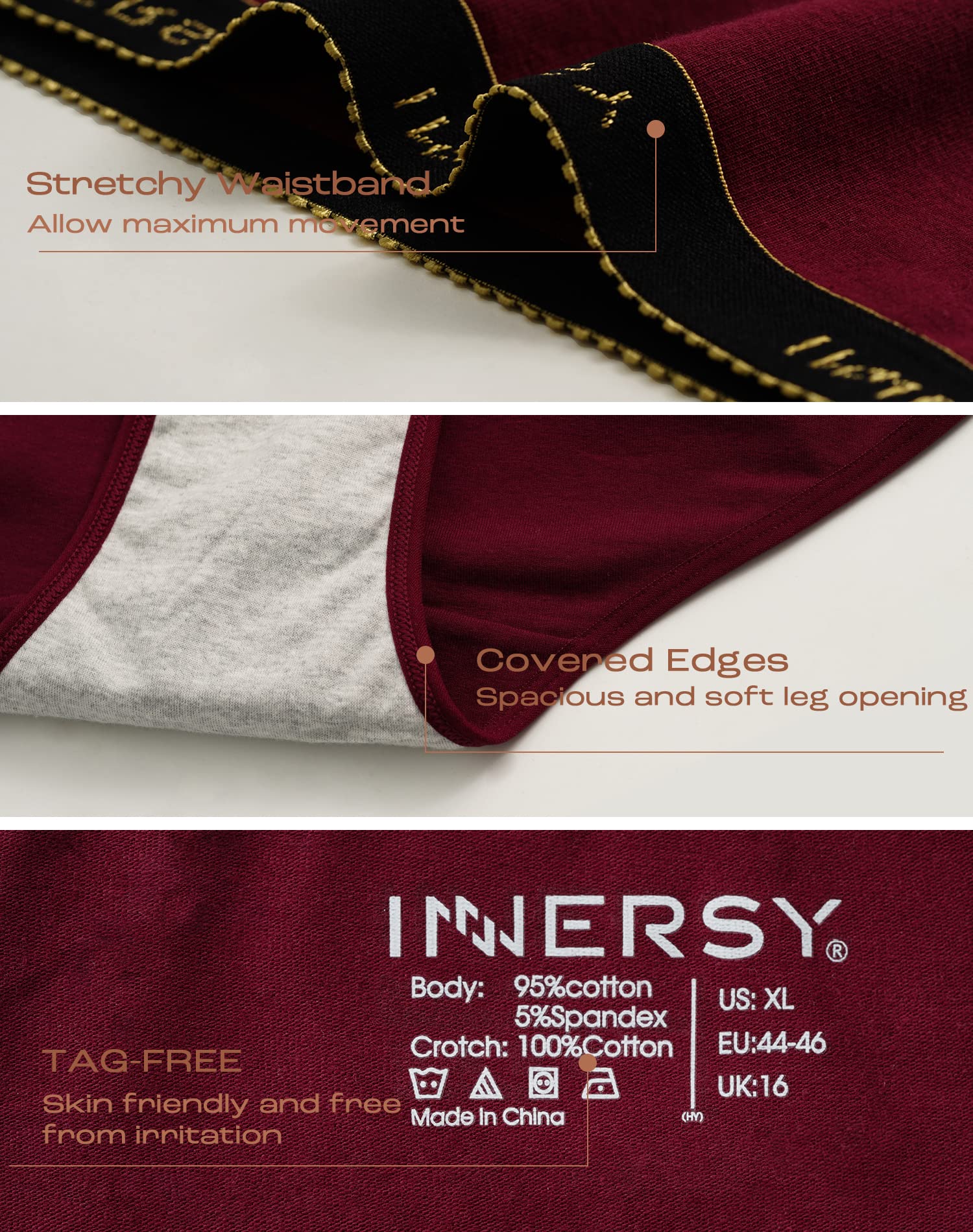 INNERSY Plus Size XL-6XL Big Curvy Woman Cotton Underwear High Waist Briefs 5-Pack