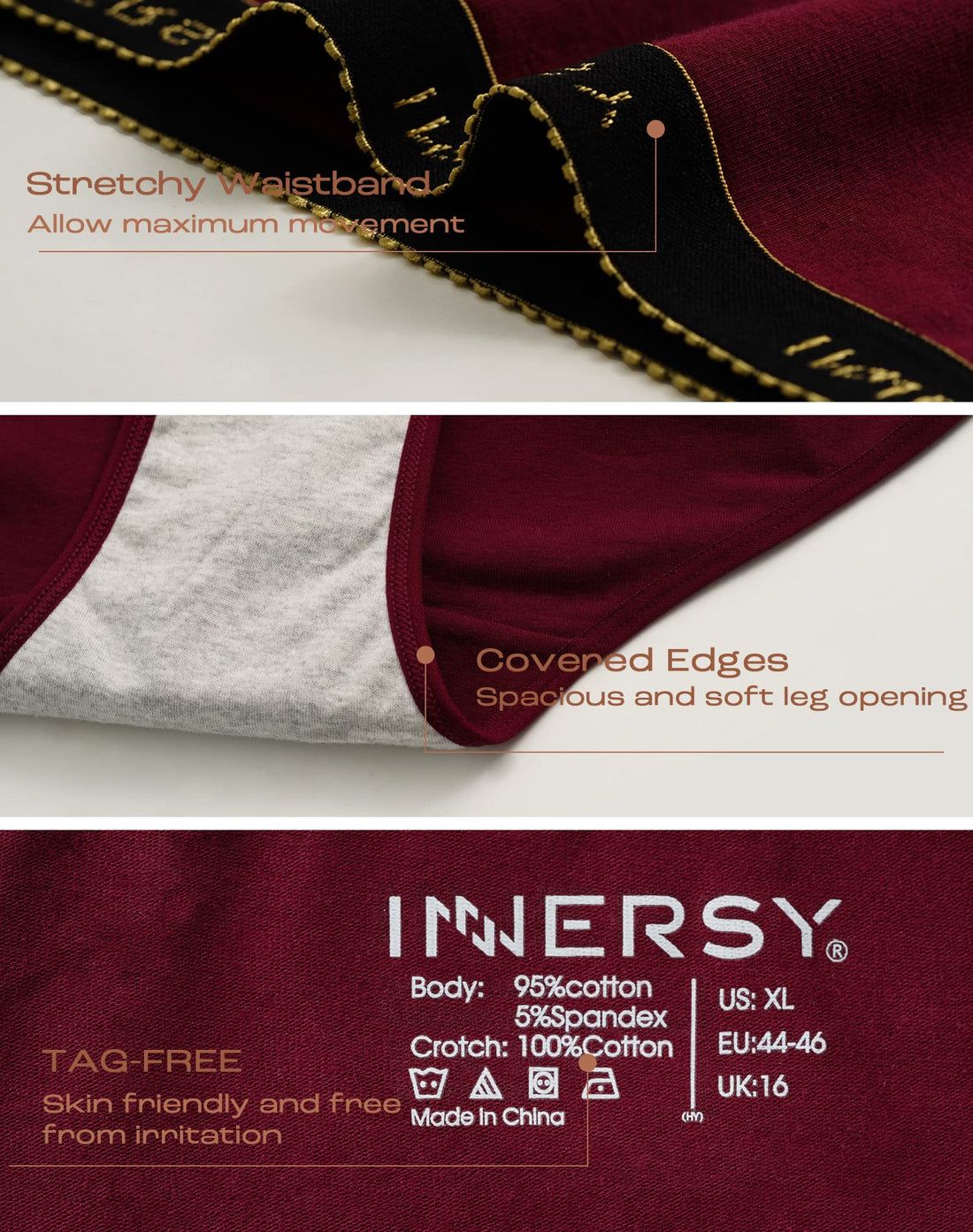 INNERSY Plus Size XL-6XL Big Curvy Woman Cotton Underwear High Waist Briefs 5-Pack
