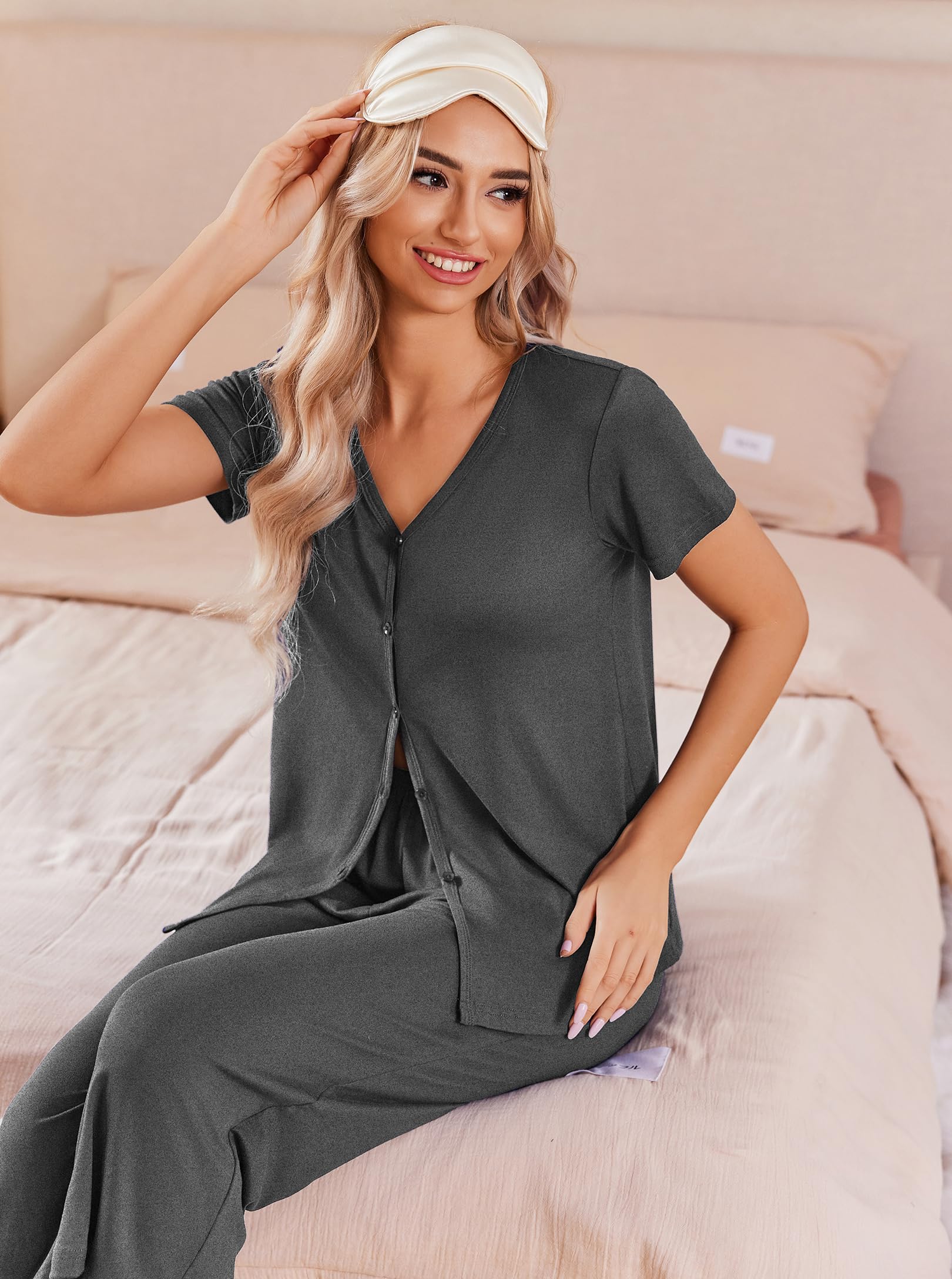 Ekouaer Women's Pajama Sets Short Sleeve Sleepwear Button Up Pj Loungewear Top and Capri Pants with Pockets