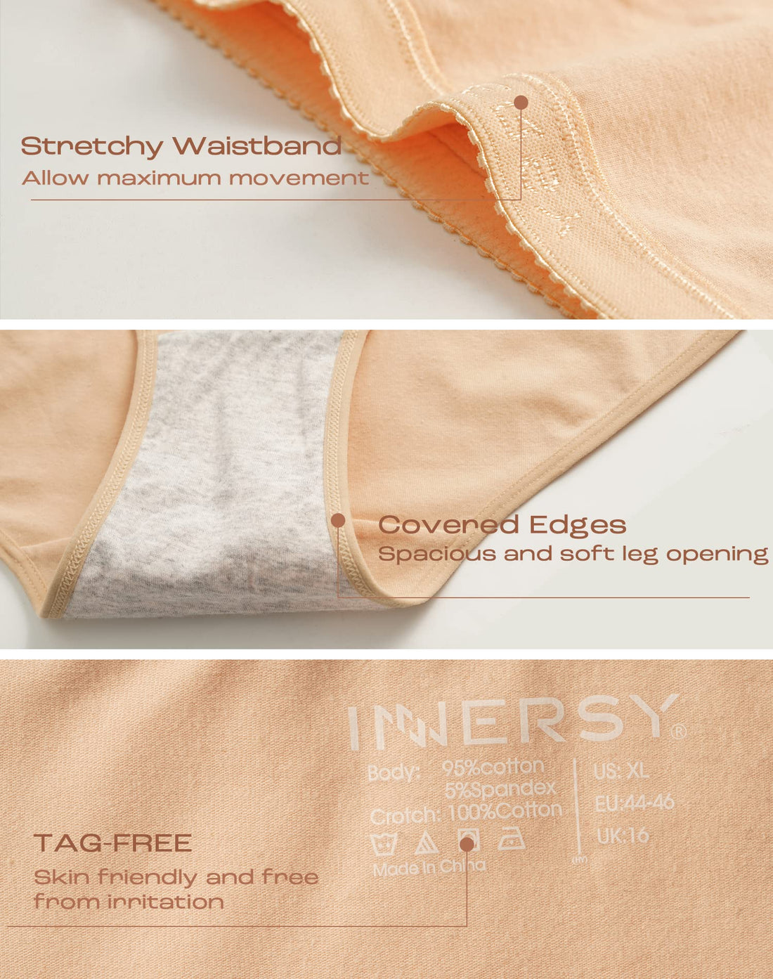 INNERSY Plus Size XL-6XL Big Curvy Woman Cotton Underwear High Waist Briefs 5-Pack