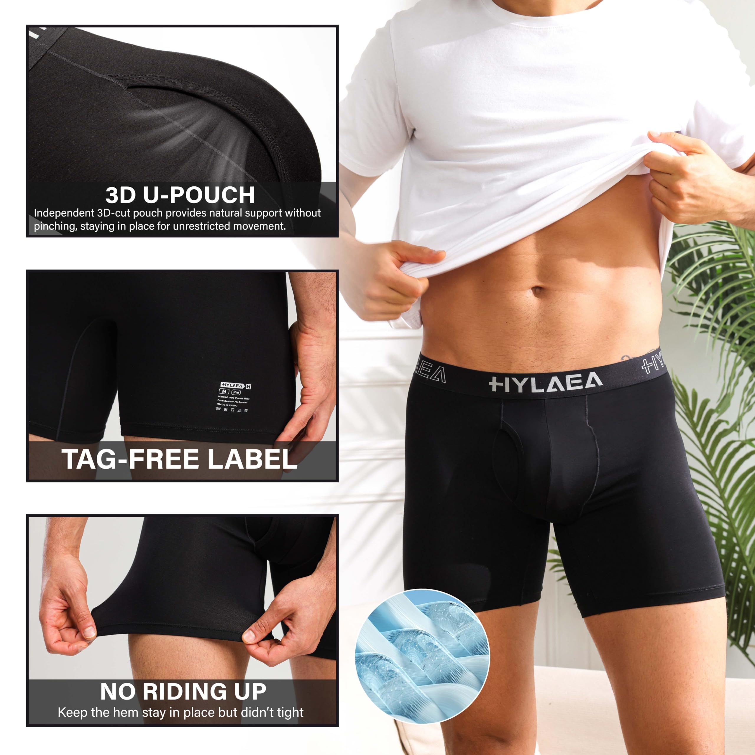 Hylaea Mens Bamboo Boxer Briefs, Breathable Moisture-Wicking Underwear | No Ride Up | 3D Pouch Support | Quick Dry | Anti-Odor | Tagless | Wide Waistband | Extended Leg Cut | Lightweight Fabric