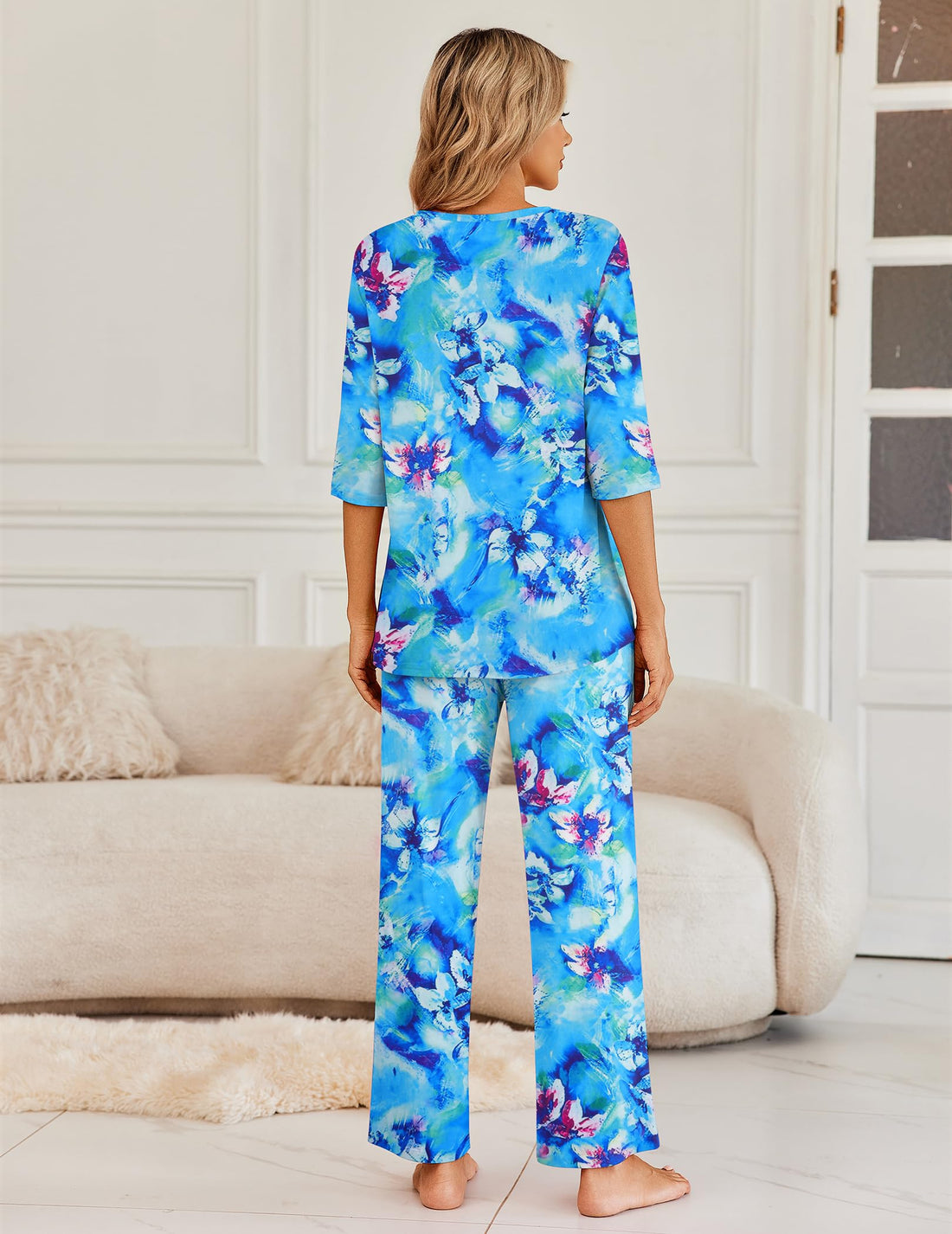 Ekouaer Womens Pajamas Set 2 Piece 3/4 Sleeve Tops Long Pants Pj Set