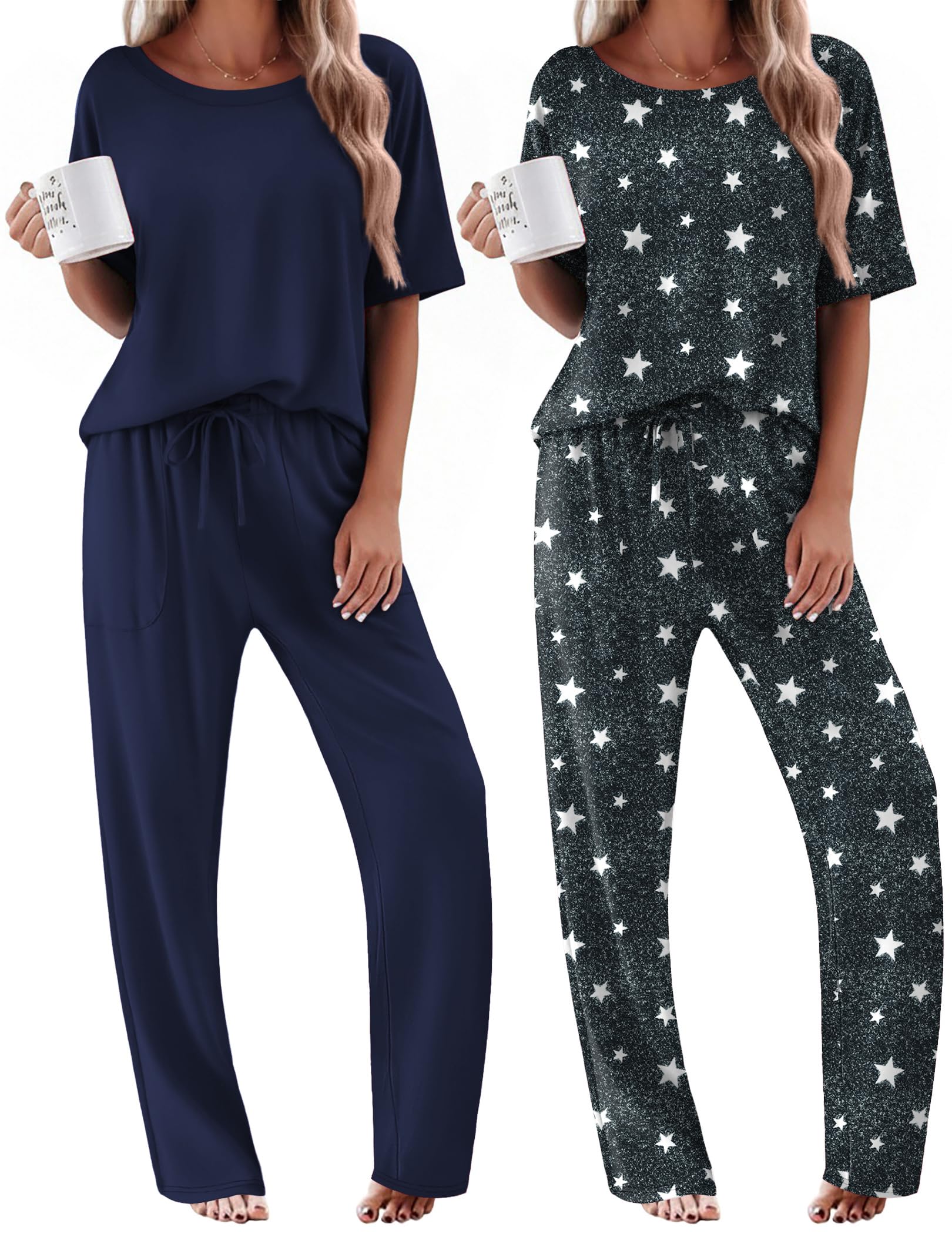 Ekouaer 2 Pack Womens Pajamas Sets Short Sleeve Long Pants Pjs Lounge Set