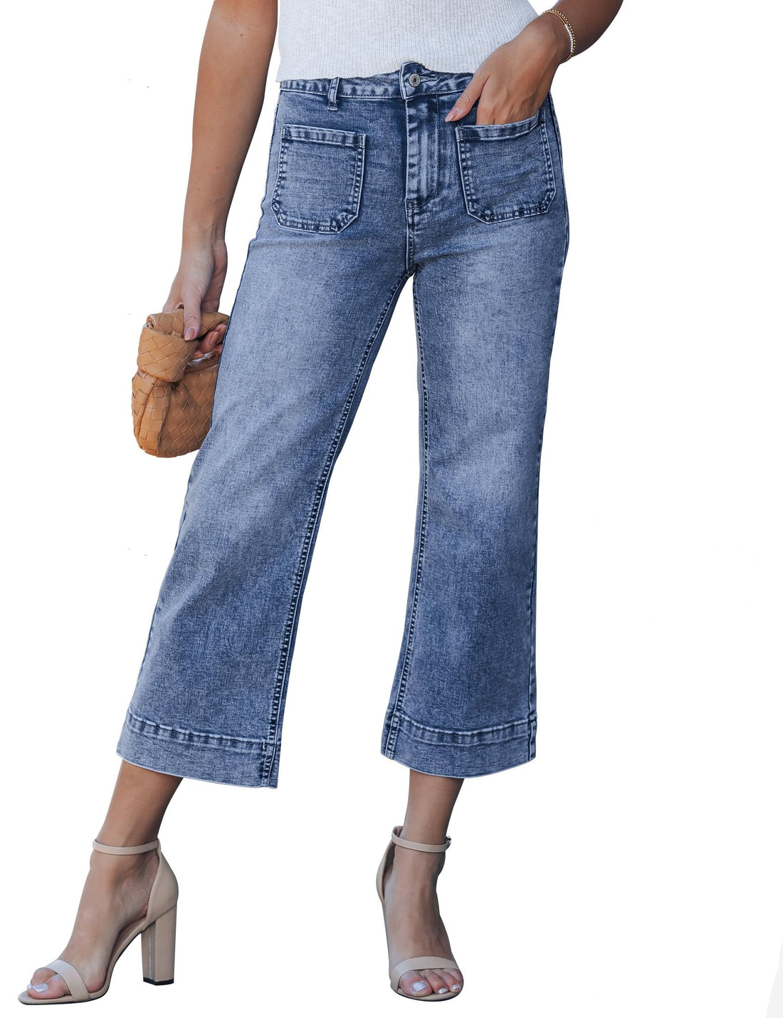 luvamia Wide Leg Jeans for Women Trendy High Waisted Flare Jeans Cropped Denim Pants Stretchy Baggy with Patch Pockets