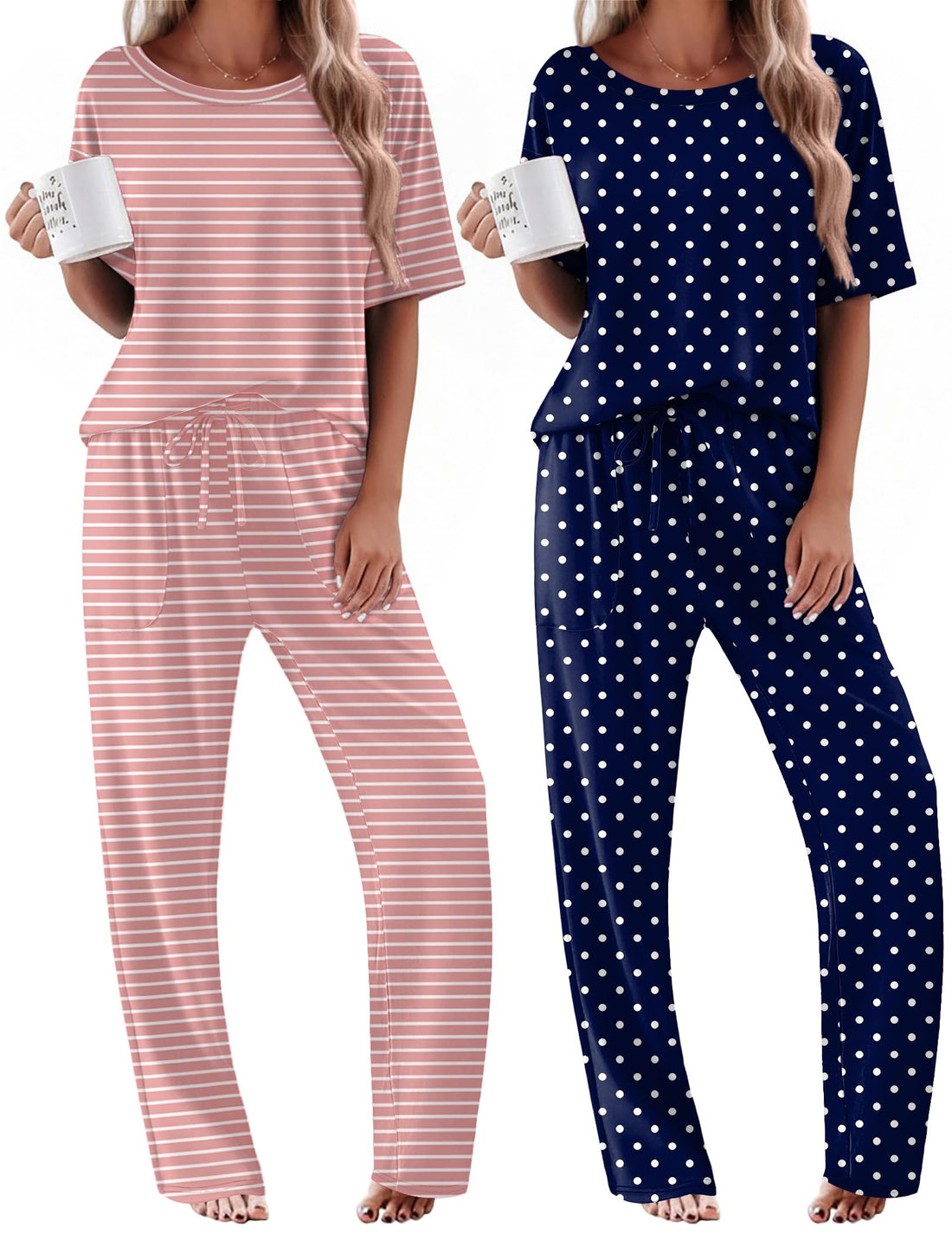 Ekouaer 2 Pack Womens Pajamas Sets Short Sleeve Long Pants Pjs Lounge Set