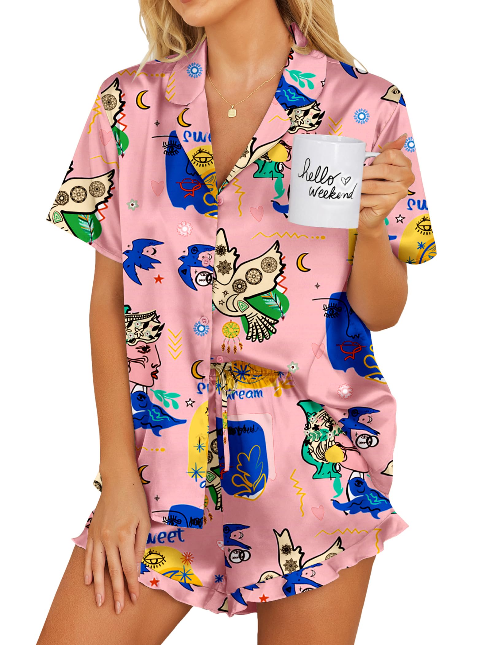 Ekouaer Womens Satin Pajamas Set Button Down 2 Piece Silk Pjs Shorts Set Ruffle Lingerie Notch Collar Sleepwear