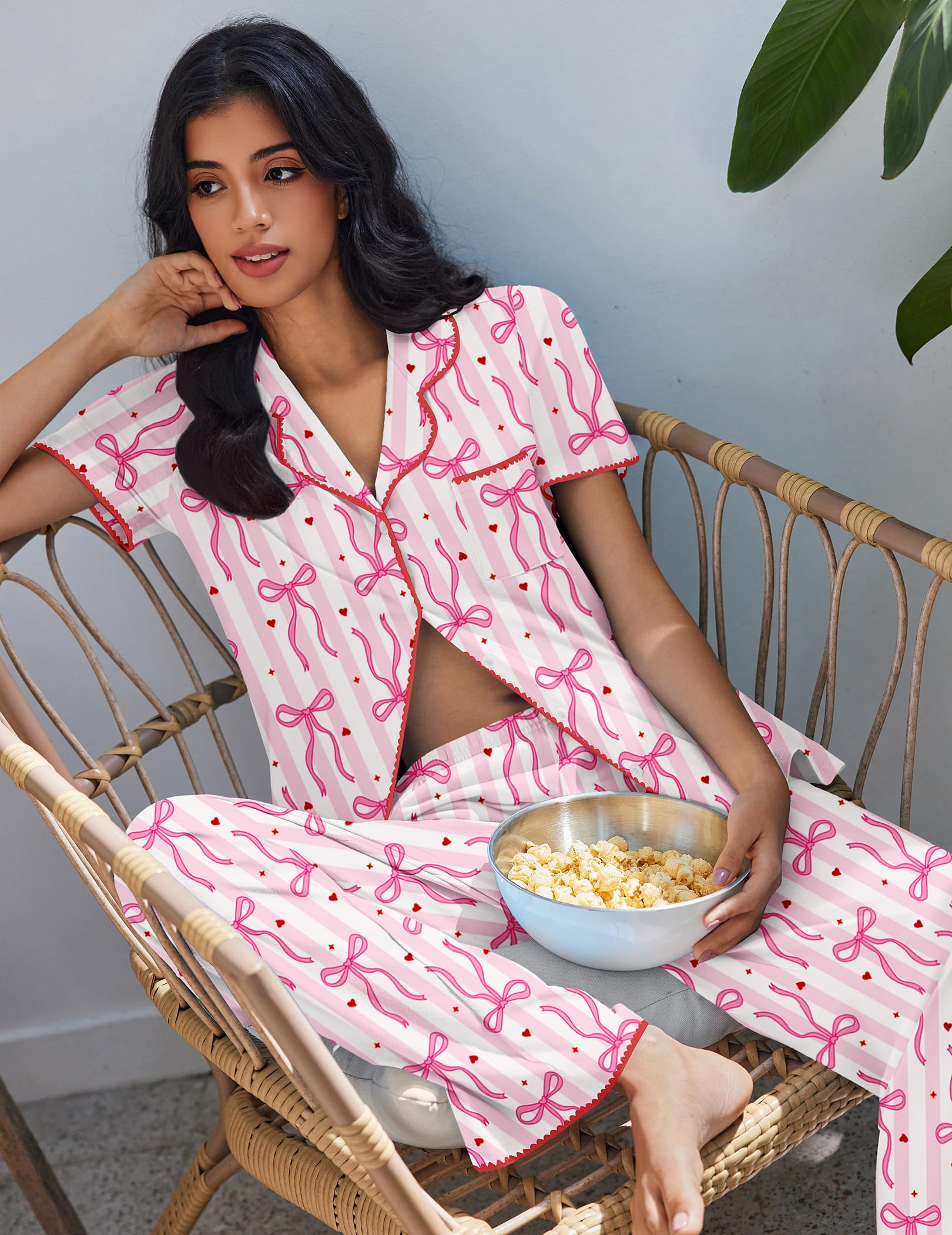 Ekouaer Pajamas for Women Set Button Up Soft Pjs Short Sleeve Lounge Sets