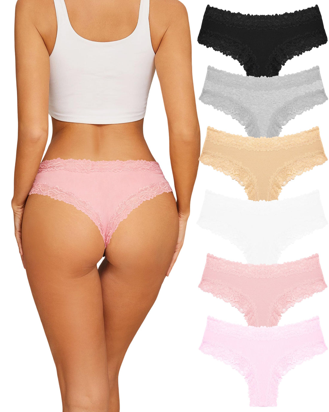 Sth Big Womens Cotton Underwear Sexy Lace Brazilian Panties Soft Breathable Cotton Bikini for Ladies 6 Pack