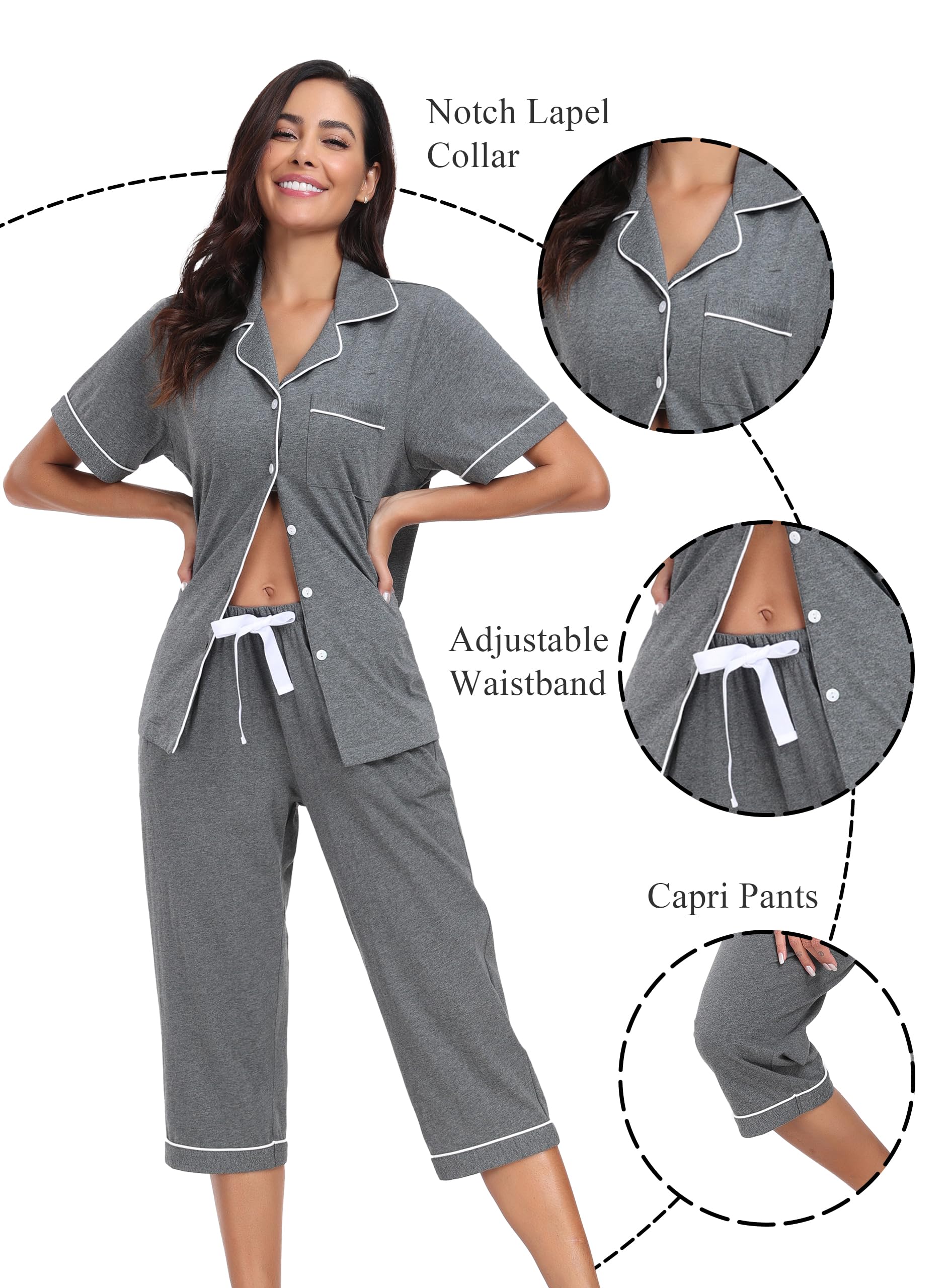 COLORFULLEAF 100% Cotton Women's Pajama Sets Short Sleeve Capri Pajamas for Women Set Button Down Pjs Soft Sleepwear Summer