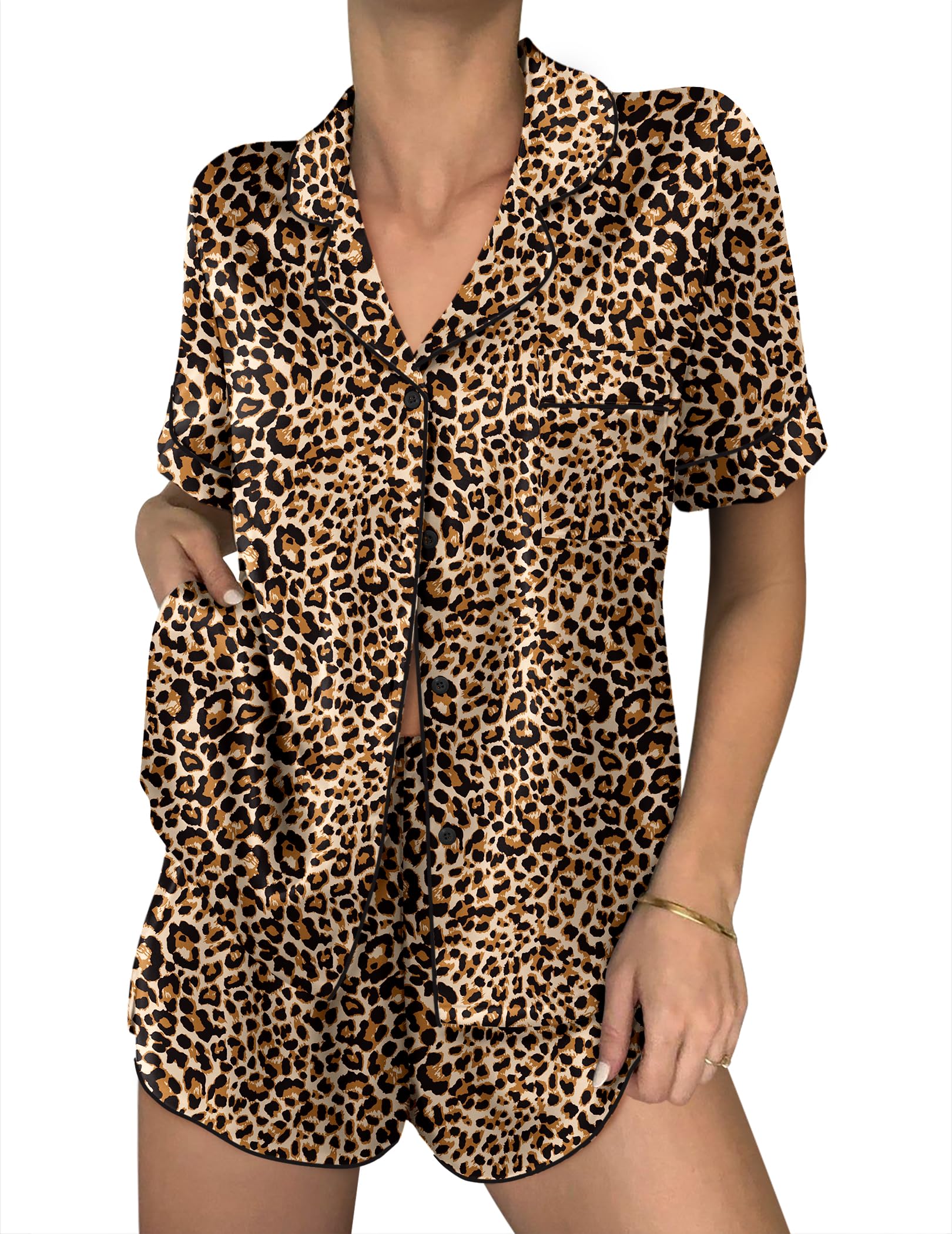 Ekouaer Women Satin Pajama Sets Cute Print Silk Pjs Shorts Sets S-4XL