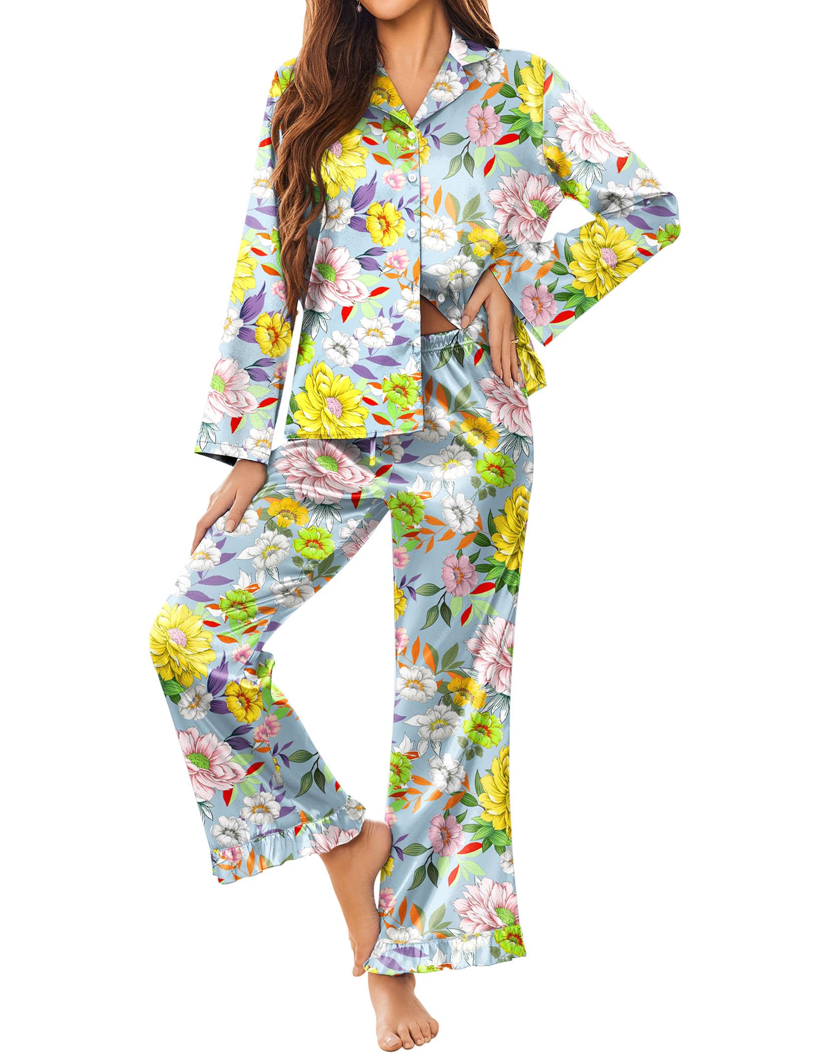 Ekouaer Satin Pajama Set for Women Long Button Down Silk Pj with Ruffle