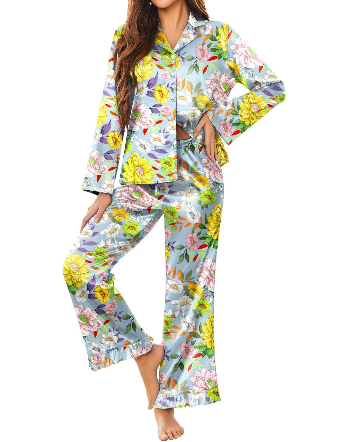 Ekouaer Satin Pajama Set for Women Long Button Down Silk Pj with Ruffle