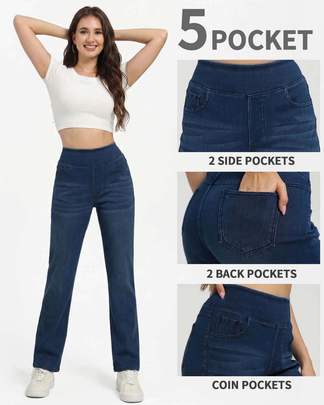 Pull on Straight Leg Jeans for Women Stretchy Sweatpant Jeans Elastic High Waist Tummy Control Trendy Denim Pants