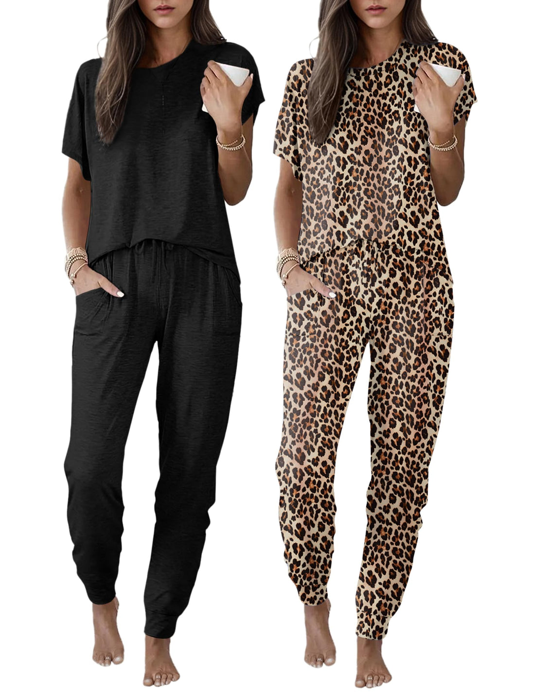 Ekouaer 2 Pack Womens Pajama Short Sleeve Jogger Pants Pjs Lounge Set