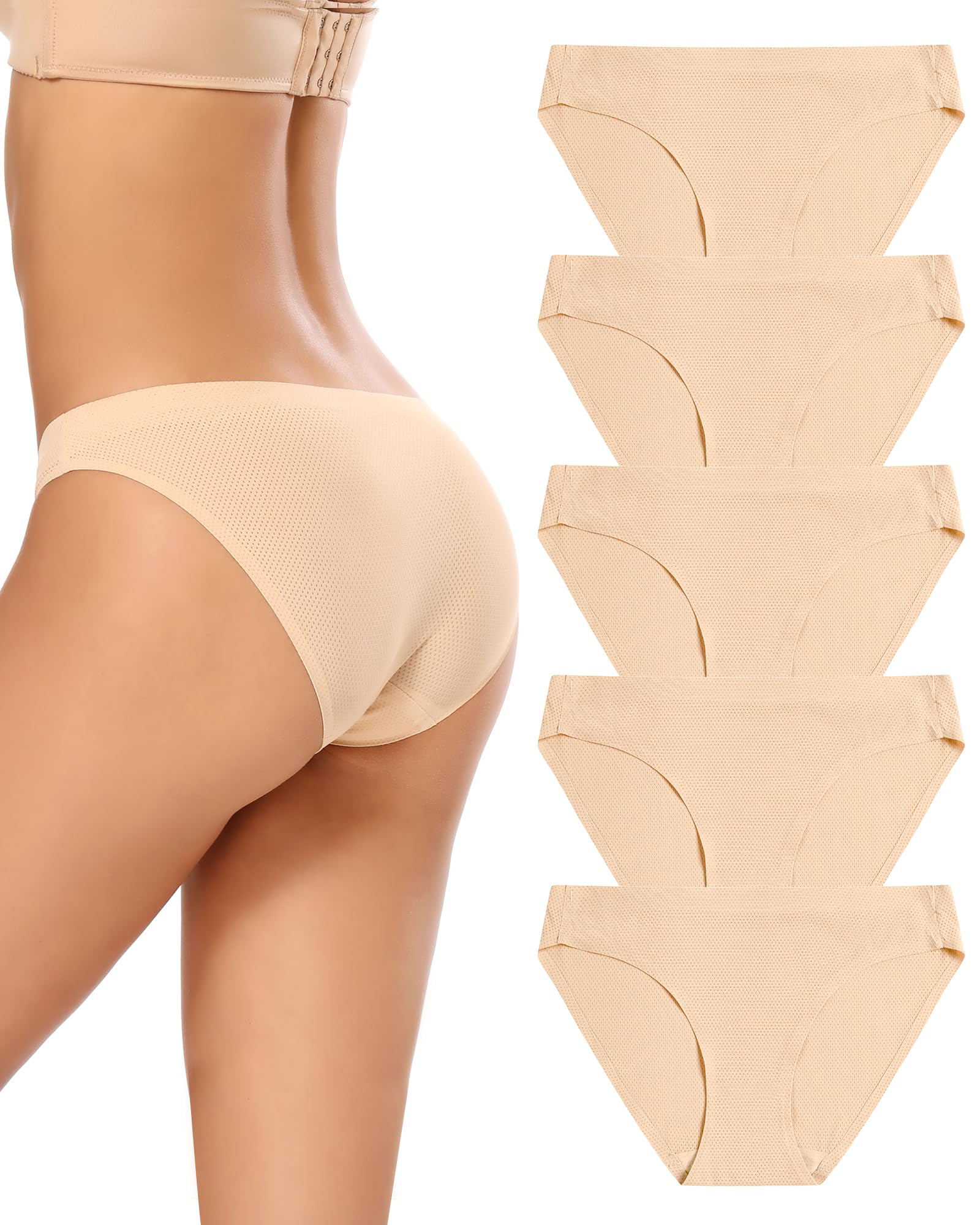 voenxe Women Bikini Underwear,Seamless Breathable Ladies No Show Panties | 5 Pack Invisible Comfortable Briefs,No Seam Soft Woman Mesh Workout Undies,Elastic Comfy Stretch Gym Hipster Panty, Multipack