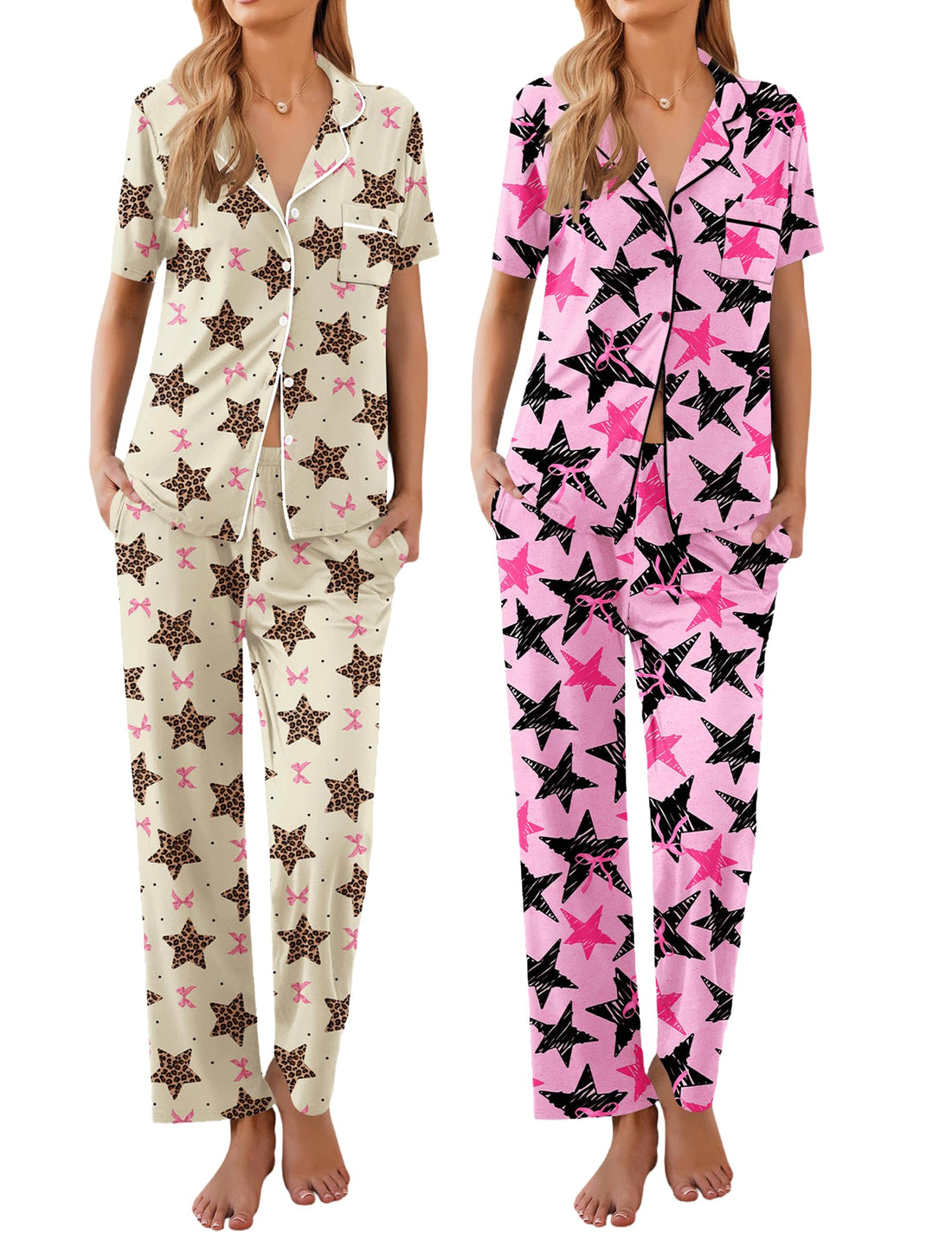 Ekouaer 2 Pack Womens Pajamas Sets Short Sleeve Pjs Button Up Sleepwear Set