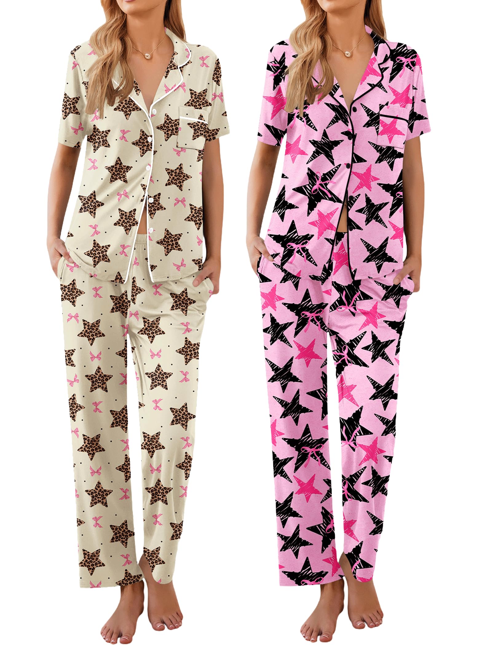 Ekouaer 2 Pack Womens Pajamas Sets Short Sleeve Pjs Button Up Sleepwear Set