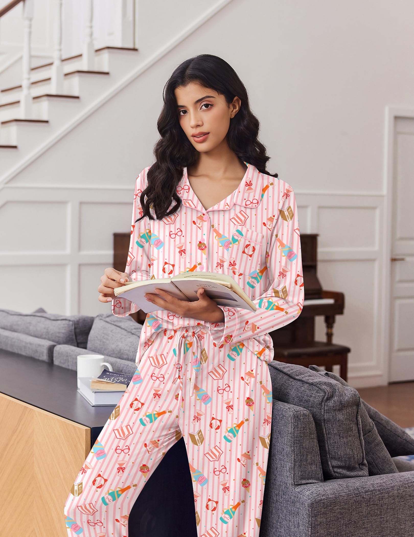 Ekouaer Women's Pajama Set Long Sleeve Lounge Set Soft Button Down Pjs