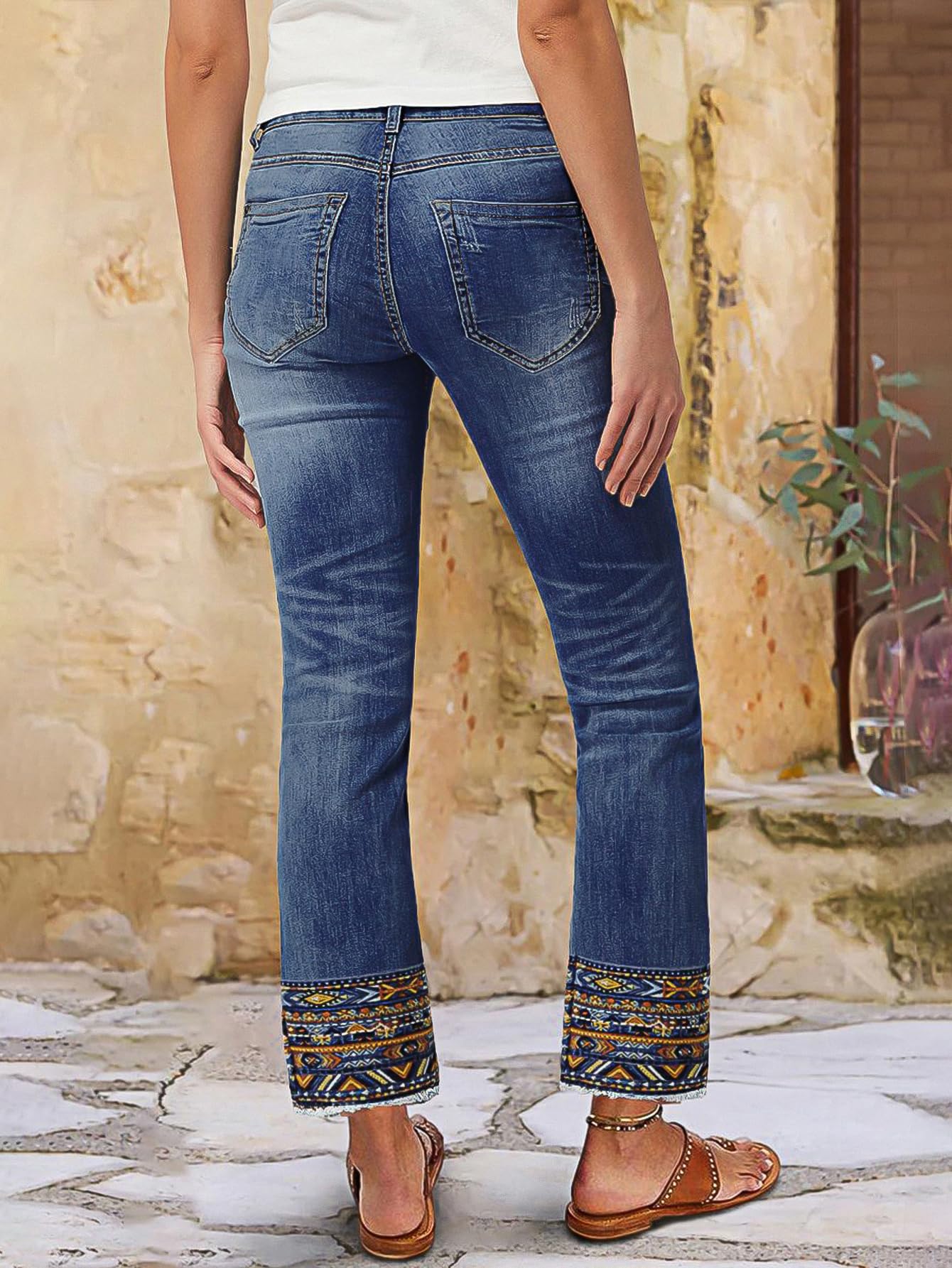 Flamingals Straight Leg Cropped Jeans for Women Trendy Mid Rise Stretchy Tribal Embroidery Raw Hem Ankle Jeans