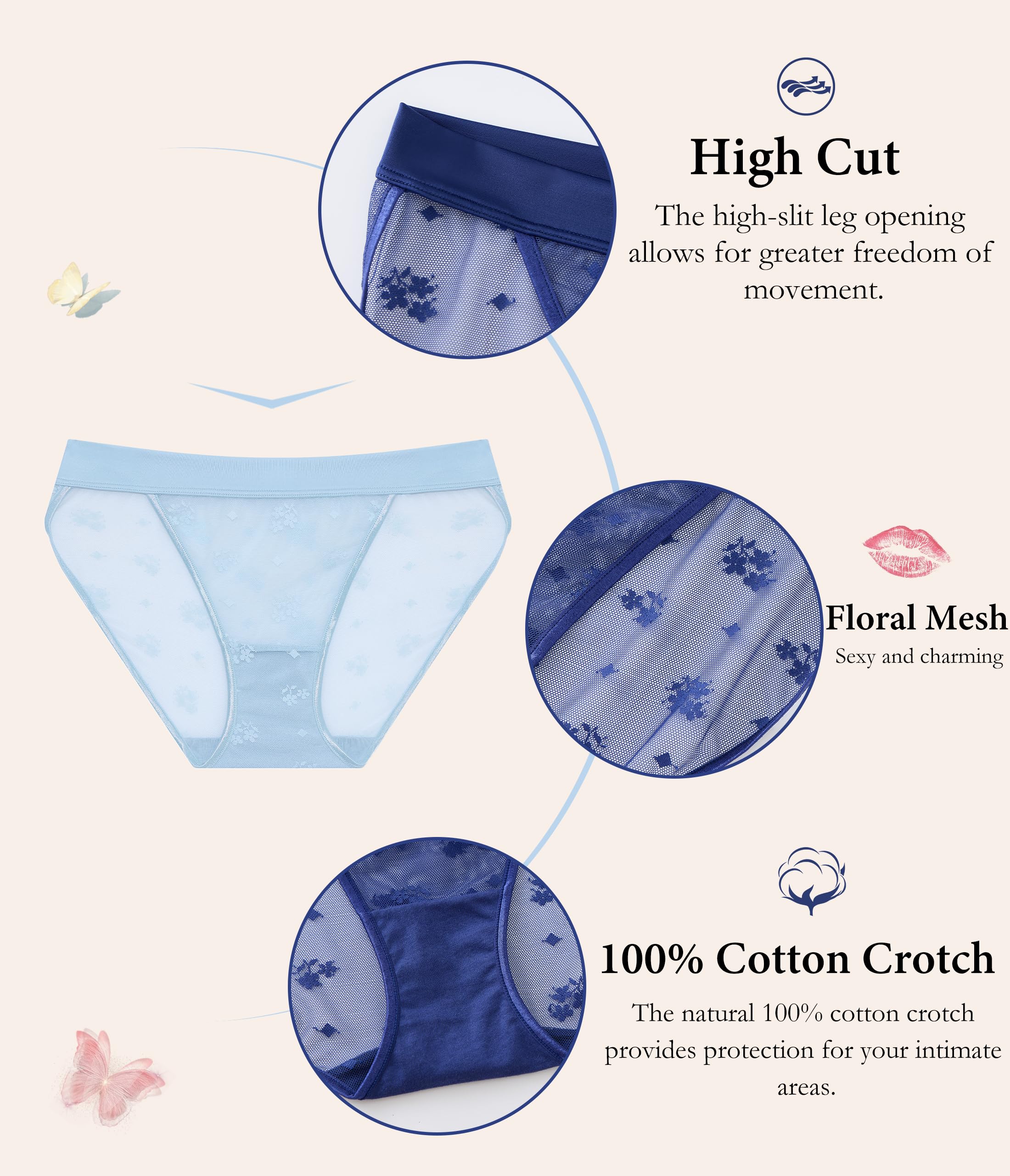 ANLIQI Womens Sexy Underwear Mesh See Through Bikini Panties Pack Hi Cut Briefs Sheer Lace String Lingerie Hipster for Lady