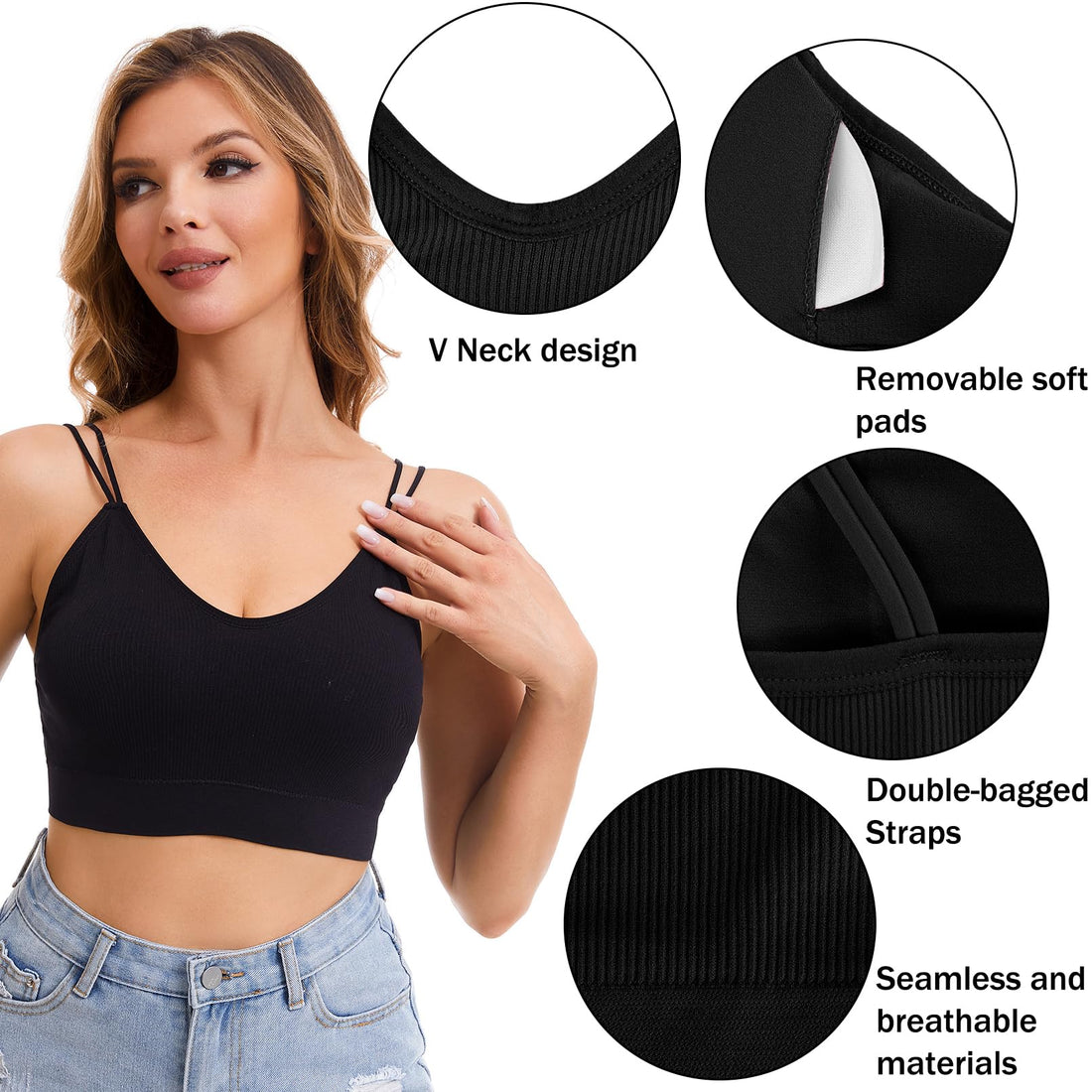 BQTQ 6 Pcs V Neck Bralettes for Women Padded Bralette with Straps Seamless Bra