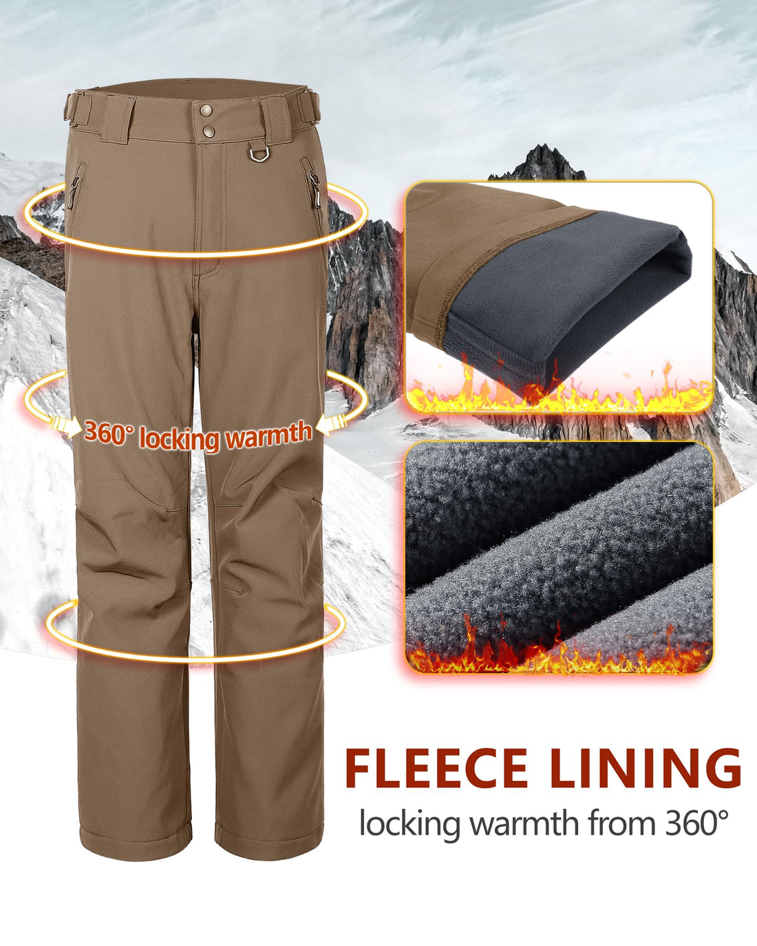 33,000ft Men's Winter Snow Ski Fleece Lined Pants Warm Waterproof Softshell Insulated for Snowboard Outdoor Work Hiking