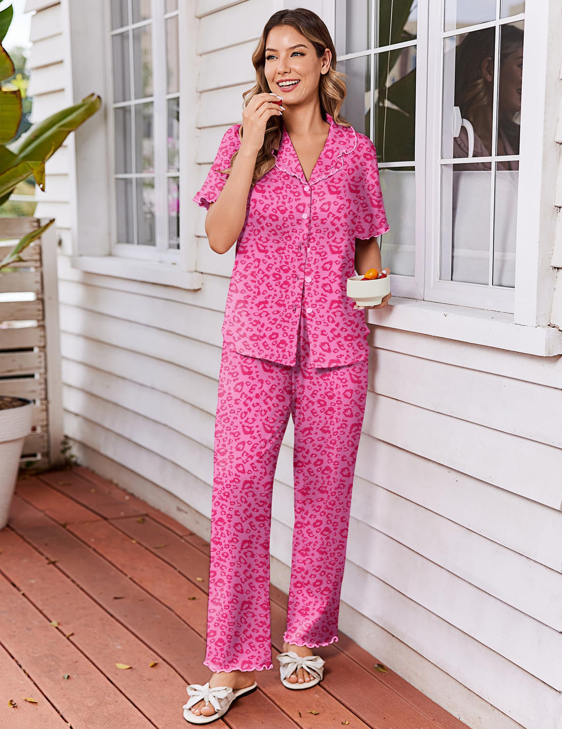 Ekouaer Womens Pajama Sets Short Sleeve Printed PJs Button Down Sleepwear