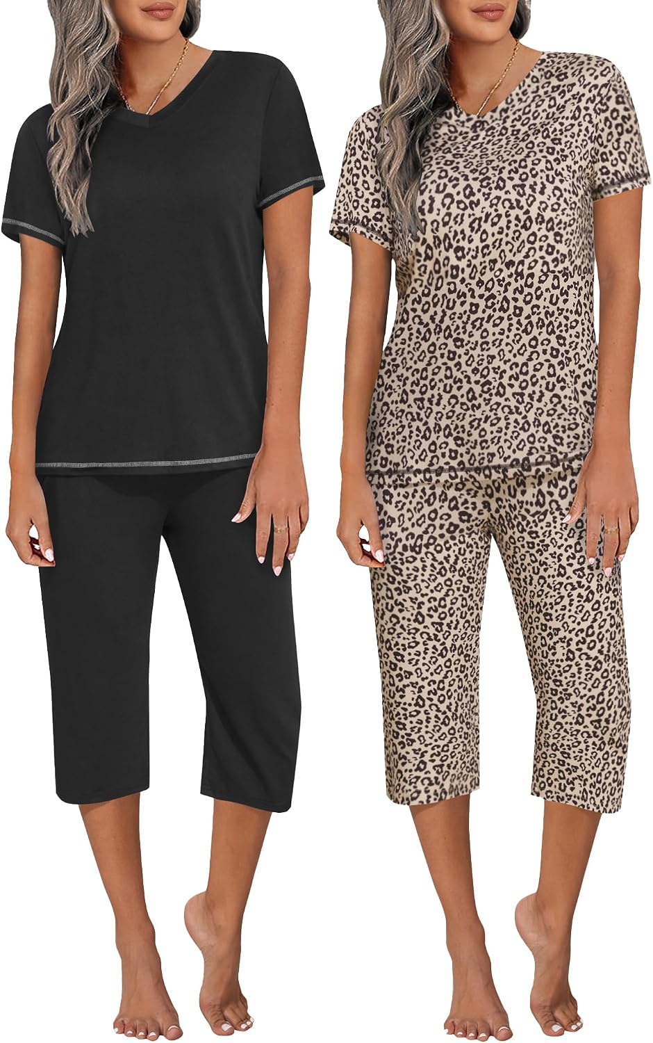 Ekouaer 2 Pack Women's Capri Pajama Sets Short Sleeve Two-Piece Pjs V Neck Tops & Pants Printed Lounge Sets S-3XL
