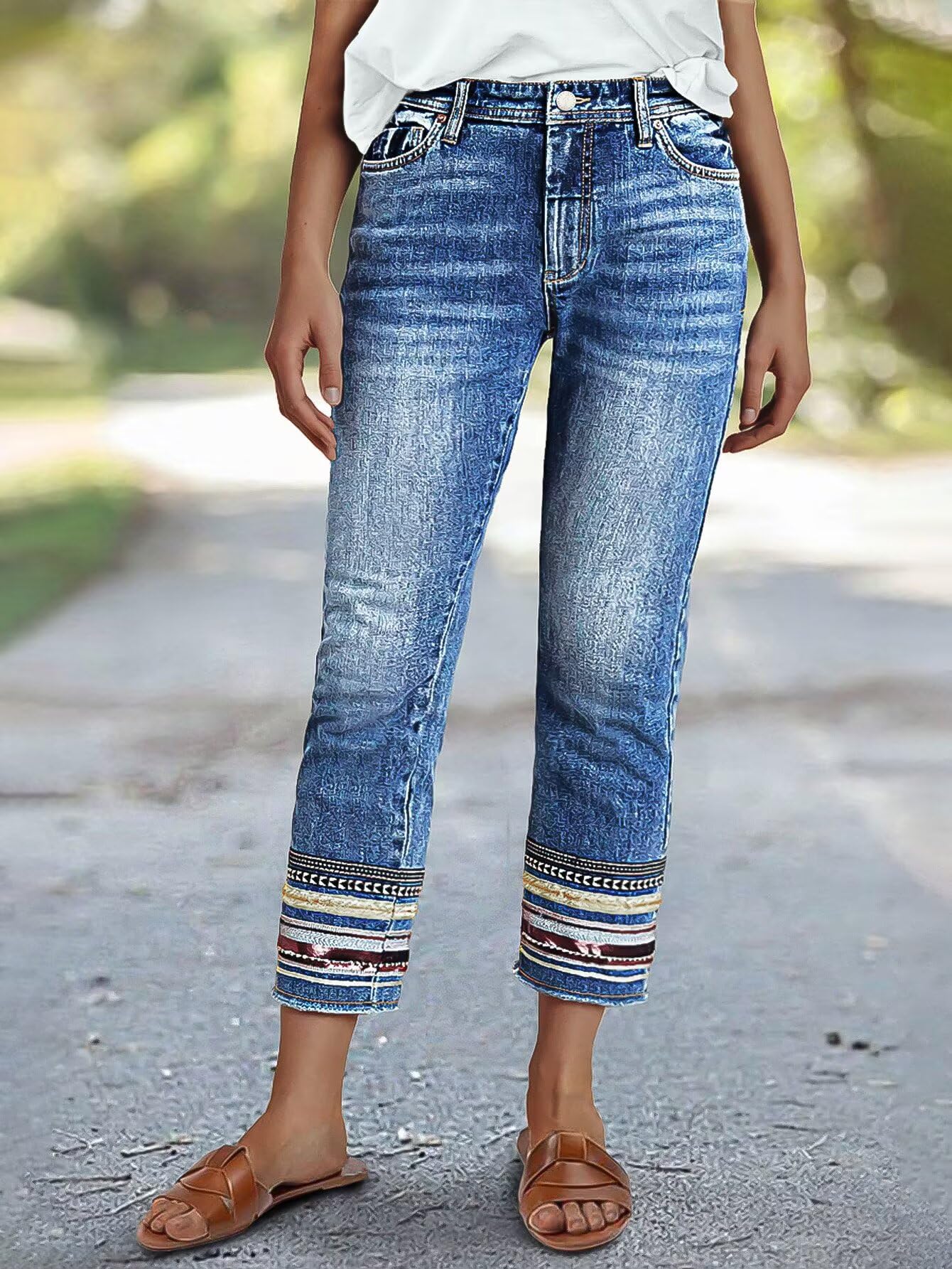 Flamingals Straight Leg Cropped Jeans for Women Trendy Mid Rise Stretchy Tribal Embroidery Raw Hem Ankle Jeans
