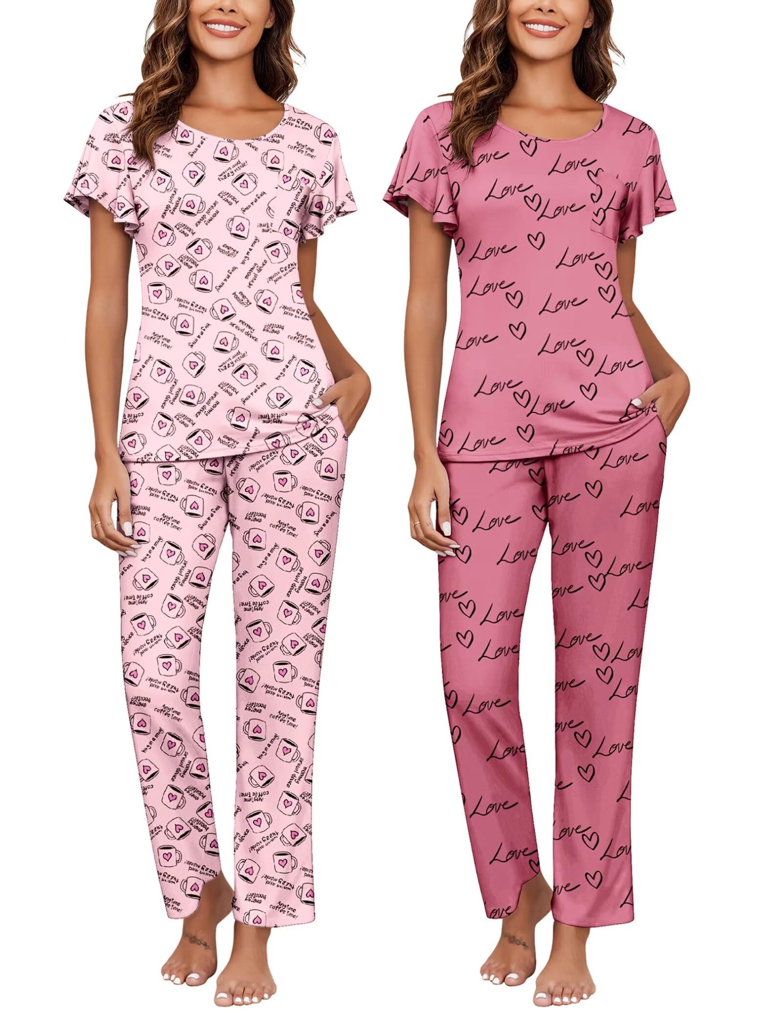 Ekouaer Pajamas for Women Set 2 Piece Comfy Loungewear, Lightweight Pjs Sleepwear, Short Sleeve Top & Long Pants with Pockets