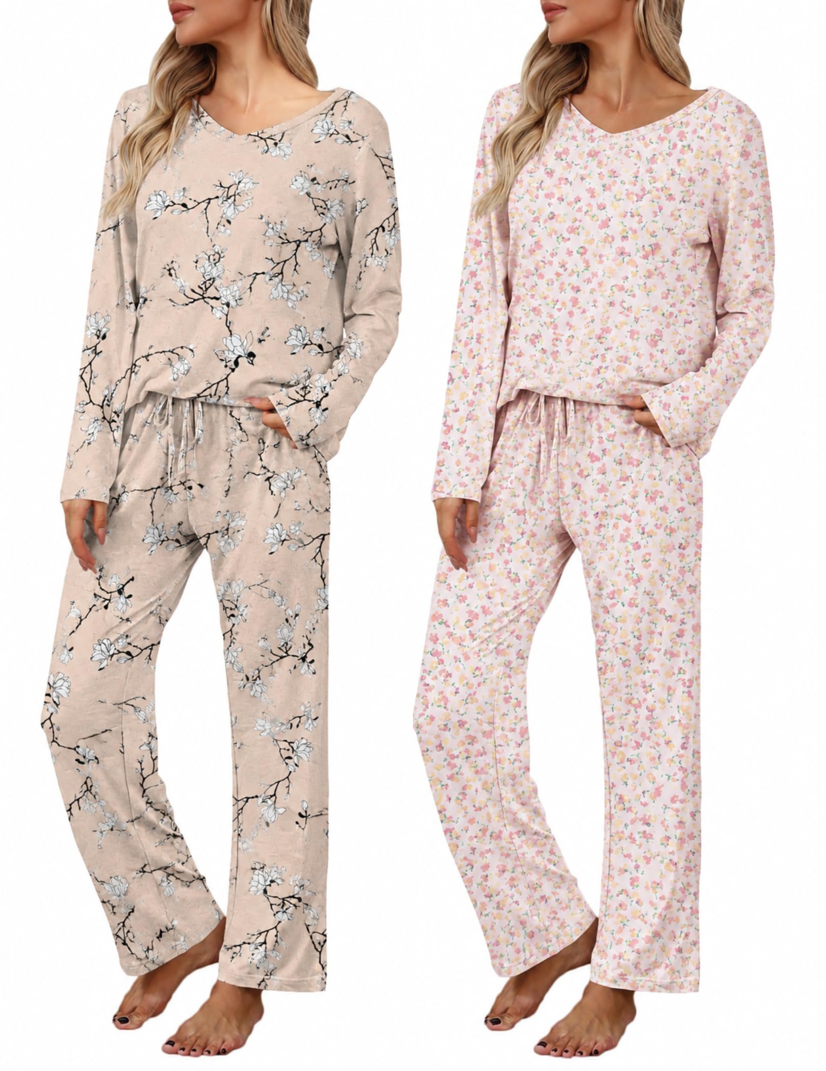 2 Pack: Women's Long Sleeve Pajama Sets - V Neck Top and Pants Lounge sets