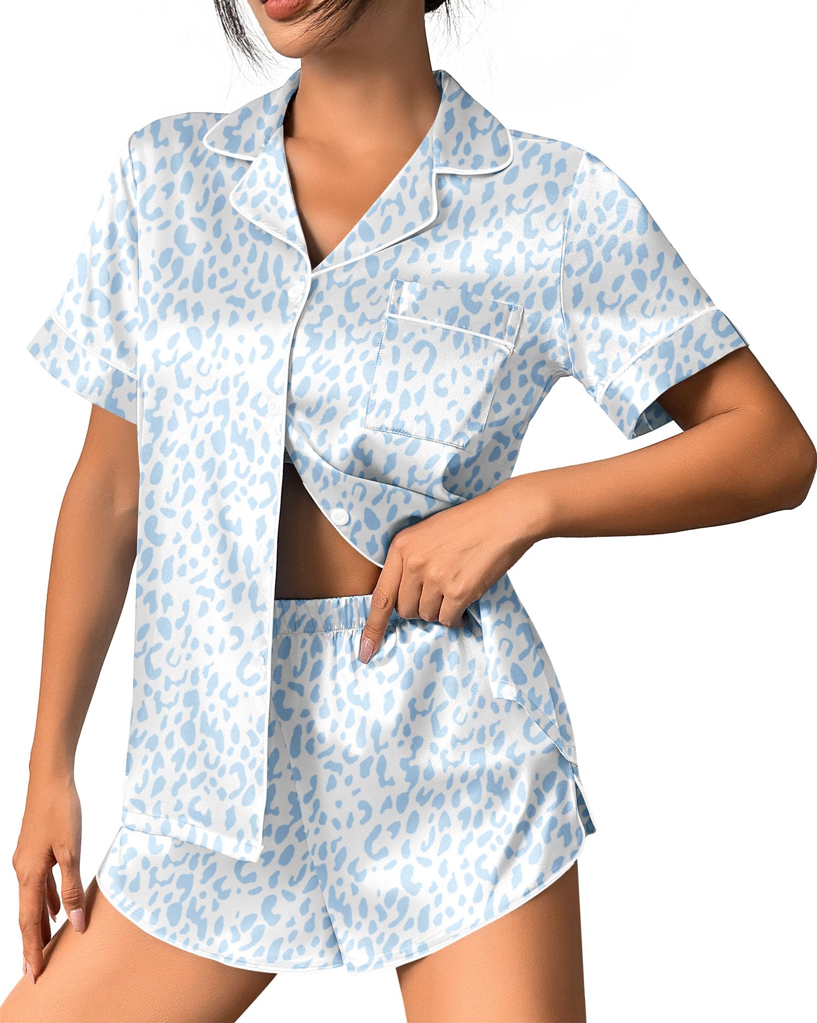 Ekouaer Womens Silk Satin Pajama Set Print Short Sleeve Sleepwear Button Down Pjs Shorts Set Loungewear