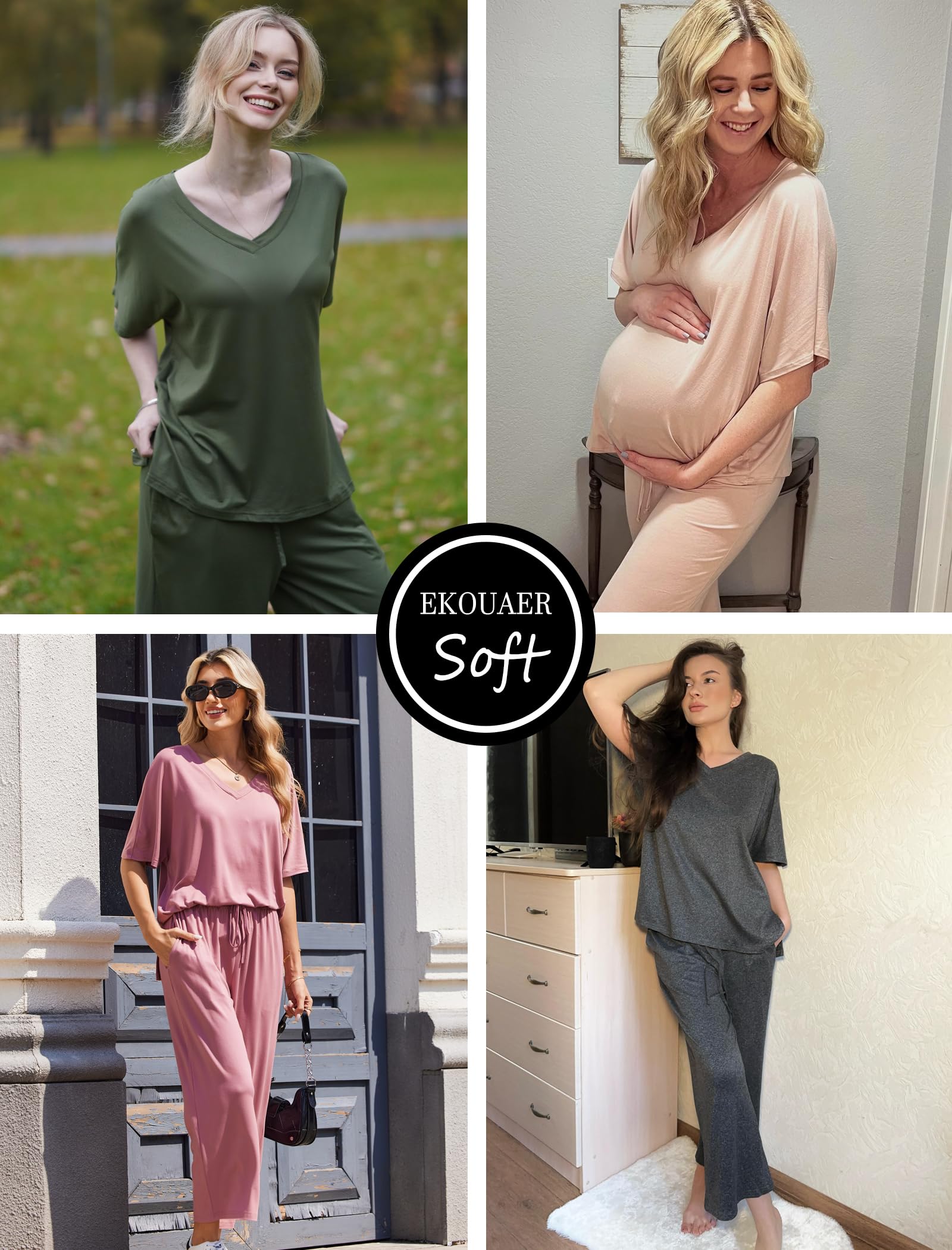 Ekouaer Lounge Sets for Women Short Sleeve Tops and Long Pants Pajamas Set