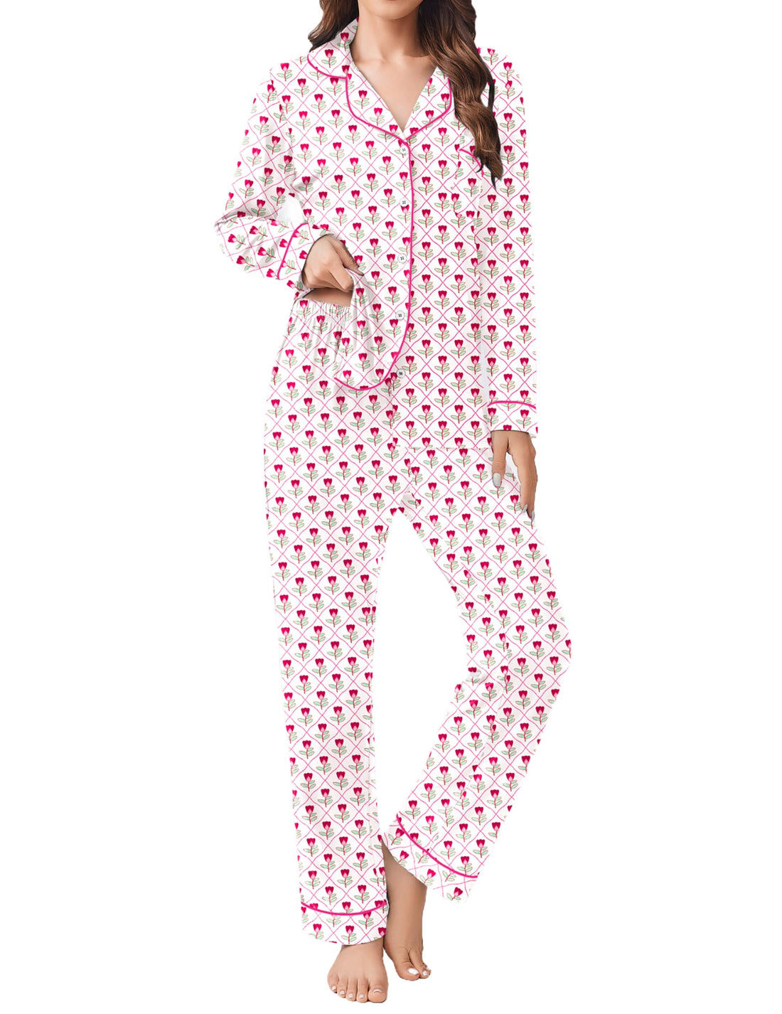 Ekouaer Womens Pajamas Set Button Down Long Sleeve Top & Pants Lounge Sets