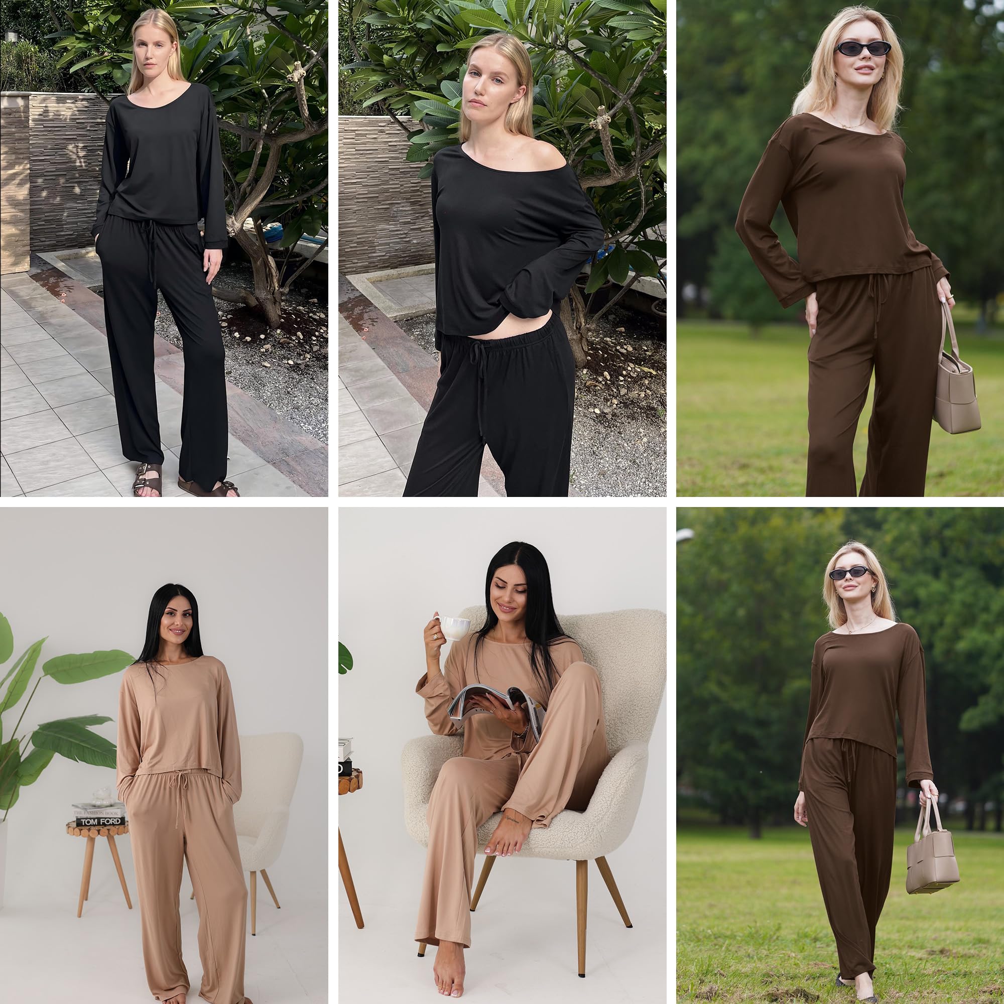 Ekouaer Womens Pajama Sets Off Shoulder Lounge Set 2 Piece Long Sleeve PJs