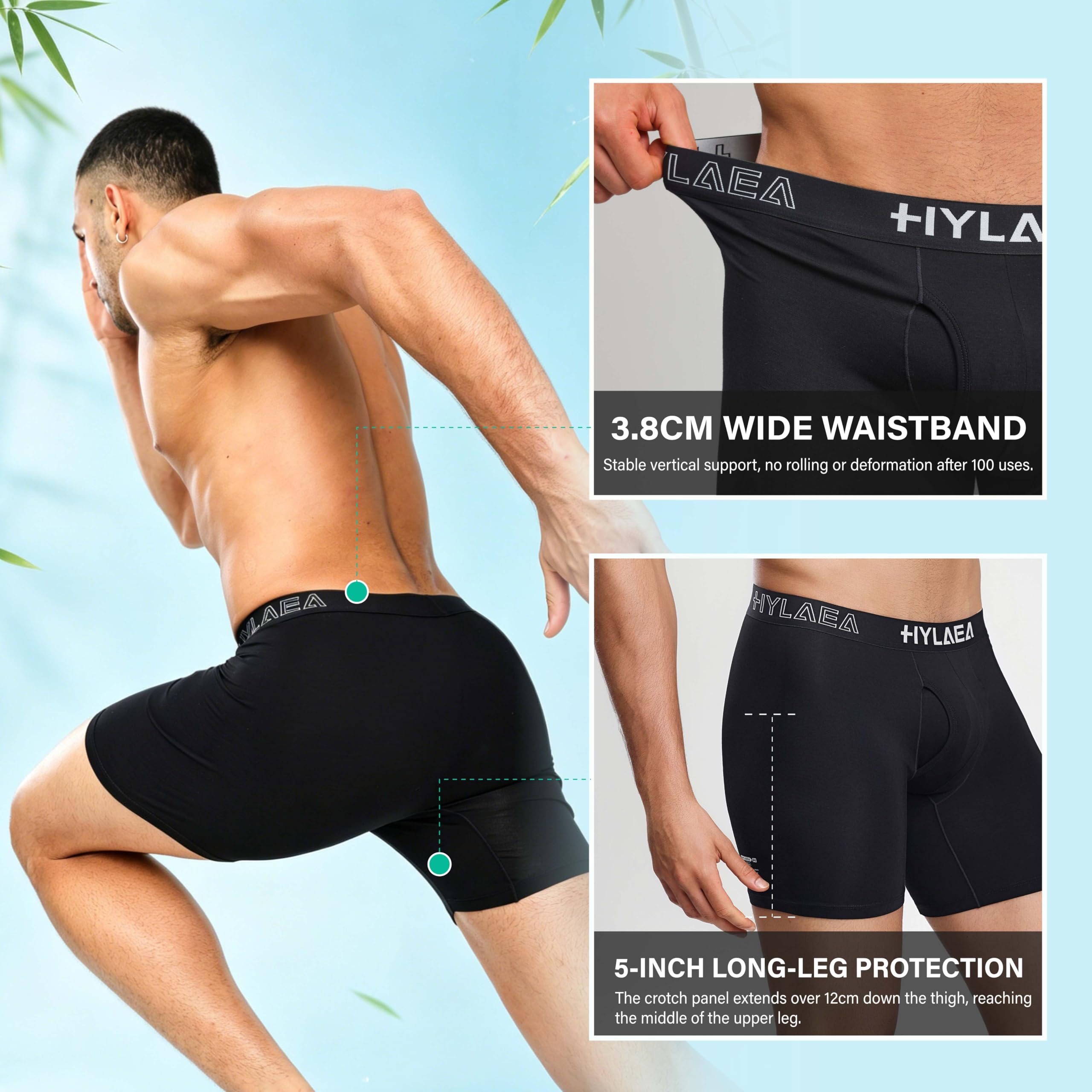 Hylaea Mens Bamboo Boxer Briefs, Breathable Moisture-Wicking Underwear | No Ride Up | 3D Pouch Support | Quick Dry | Anti-Odor | Tagless | Wide Waistband | Extended Leg Cut | Lightweight Fabric