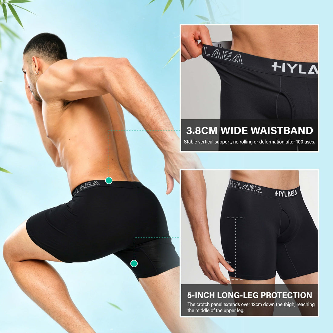 Hylaea Mens Bamboo Boxer Briefs, Breathable Moisture-Wicking Underwear | No Ride Up | 3D Pouch Support | Quick Dry | Anti-Odor | Tagless | Wide Waistband | Extended Leg Cut | Lightweight Fabric