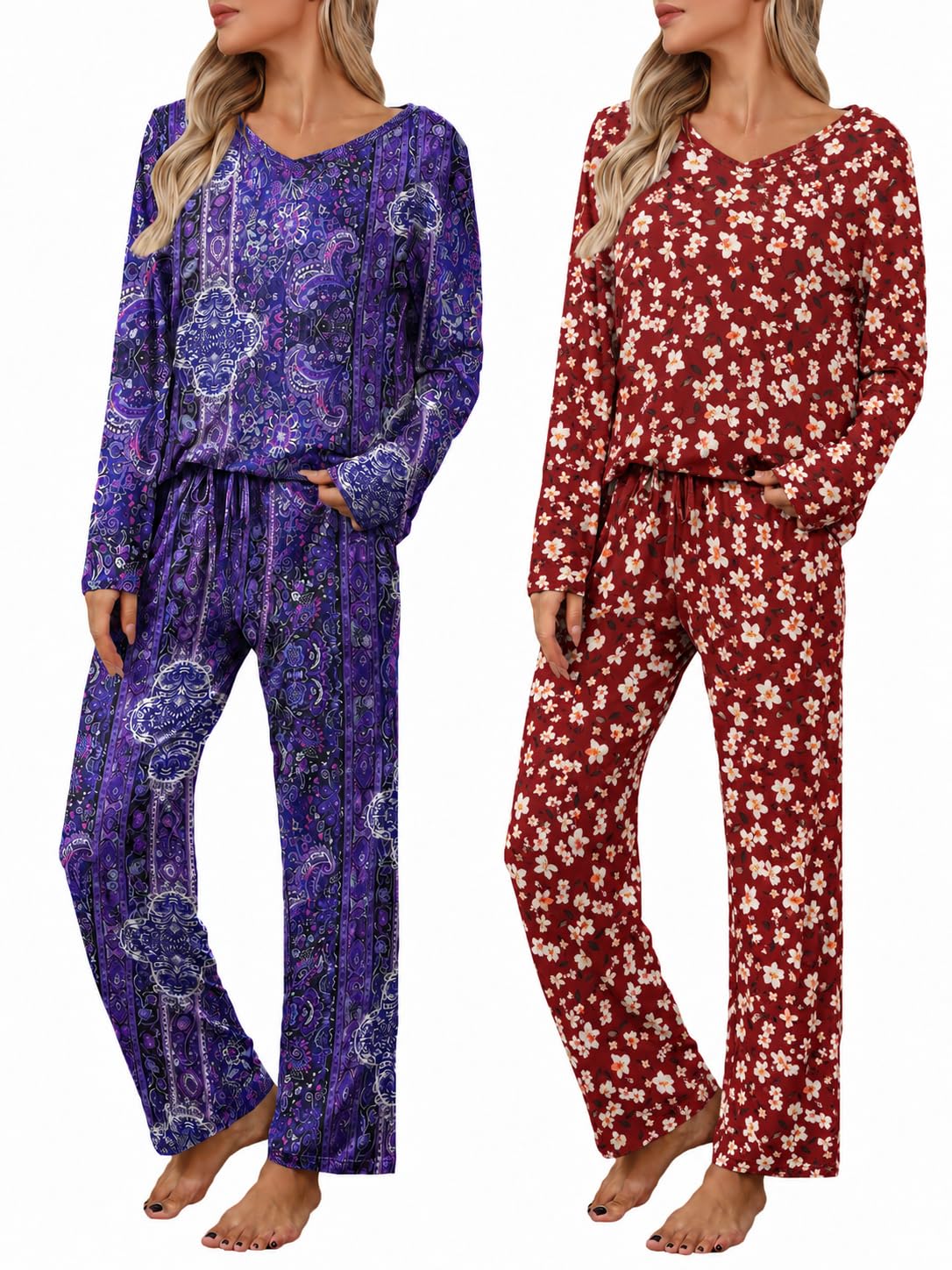 2 Pack: Women's Long Sleeve Pajama Sets - V Neck Top and Pants Lounge sets