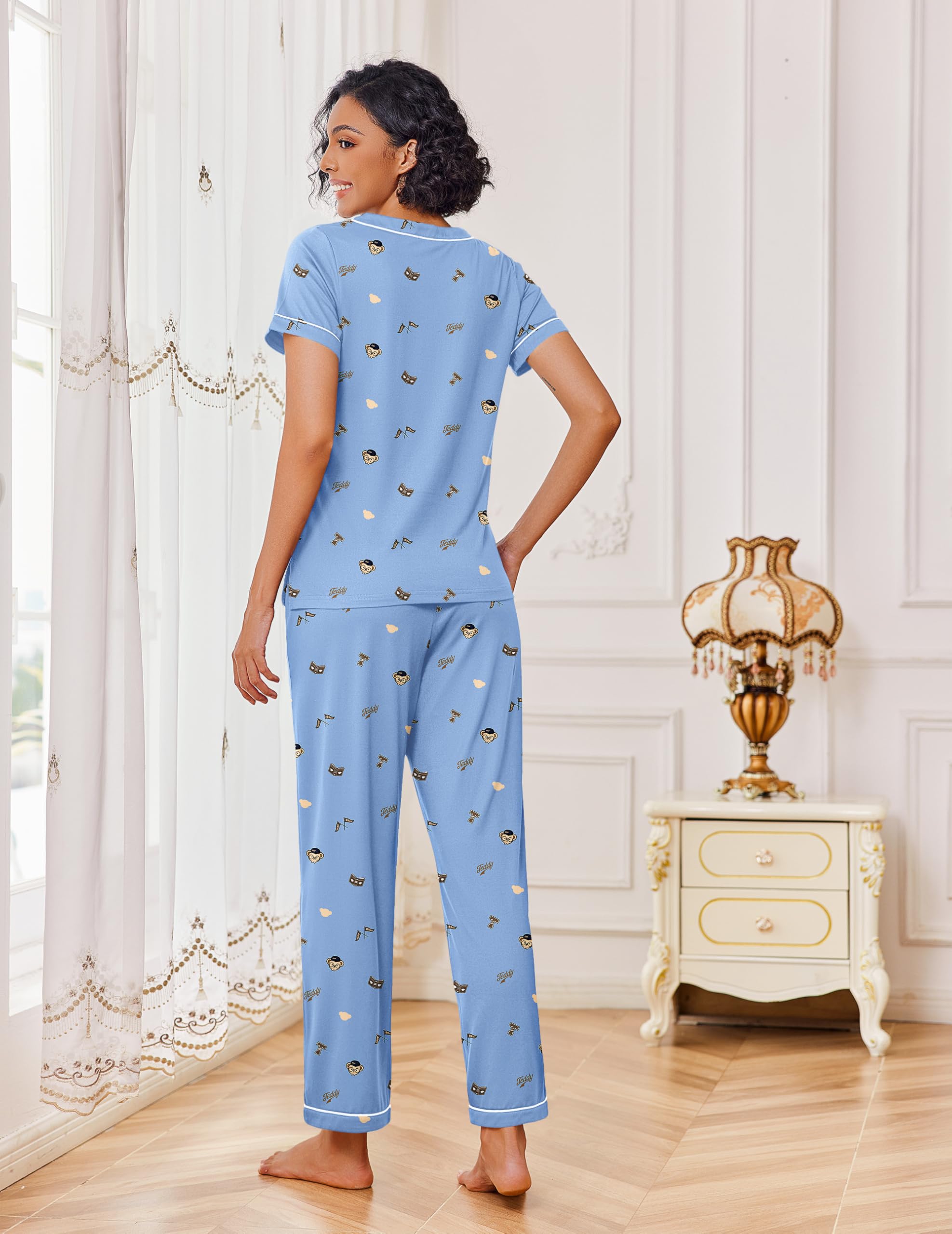 Ekouaer Pajamas for Women Set 2 Piece Lounge Set Soft Pajama Sets Short Sleeve and Pants Pj Sets Loose Sleepwear with Pockets