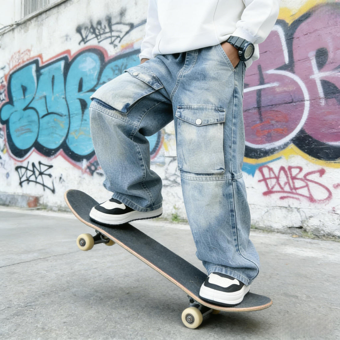 Baggy Jeans for Boys Cargo Jeans, Mid Rise Elastic Waist Multi-Pockets Denim Pants School Streetwear Size 8-12