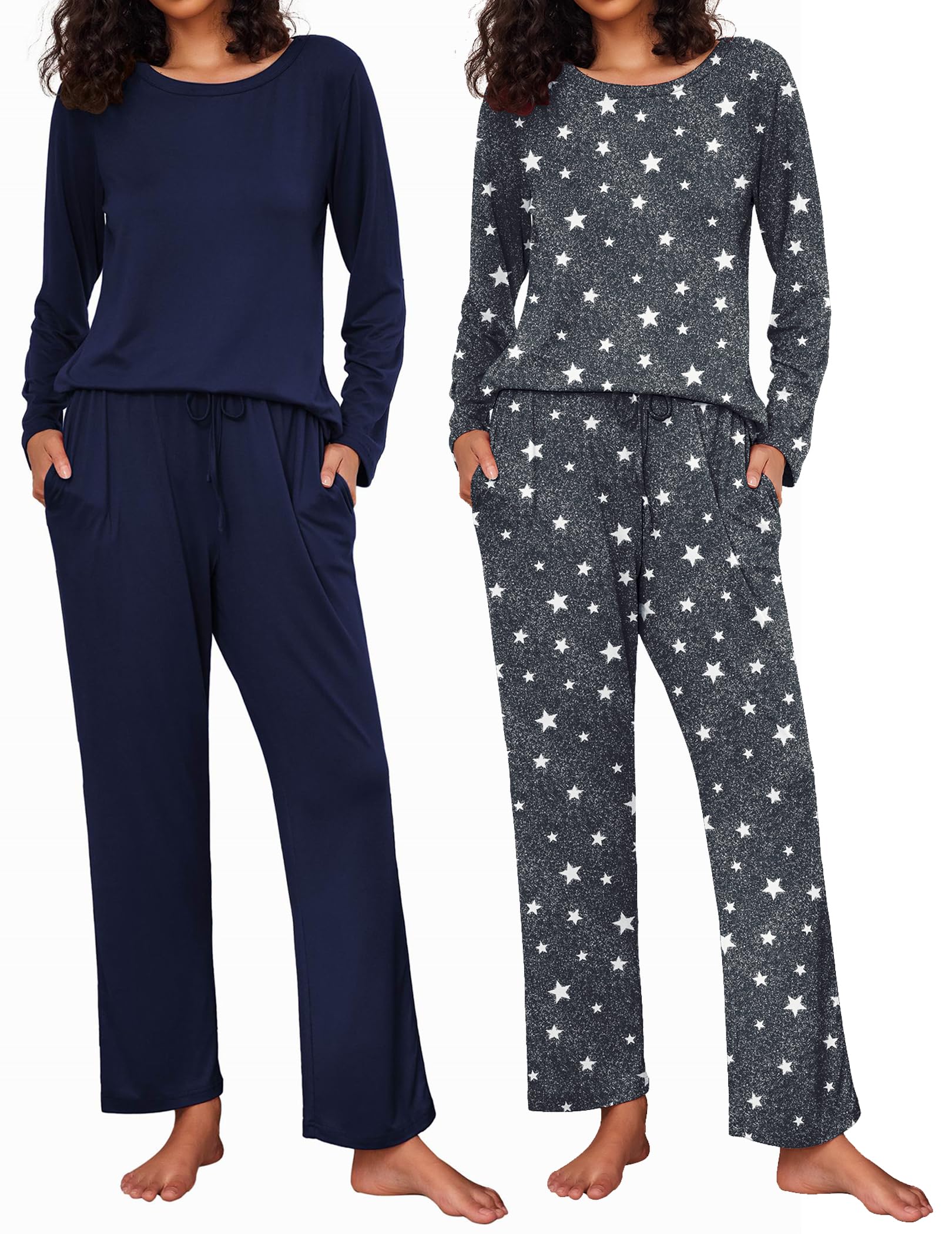Ekouaer Women's 2 Pack Pajama Sets Long Sleeve Lounge Set Soft Comfy Pjs
